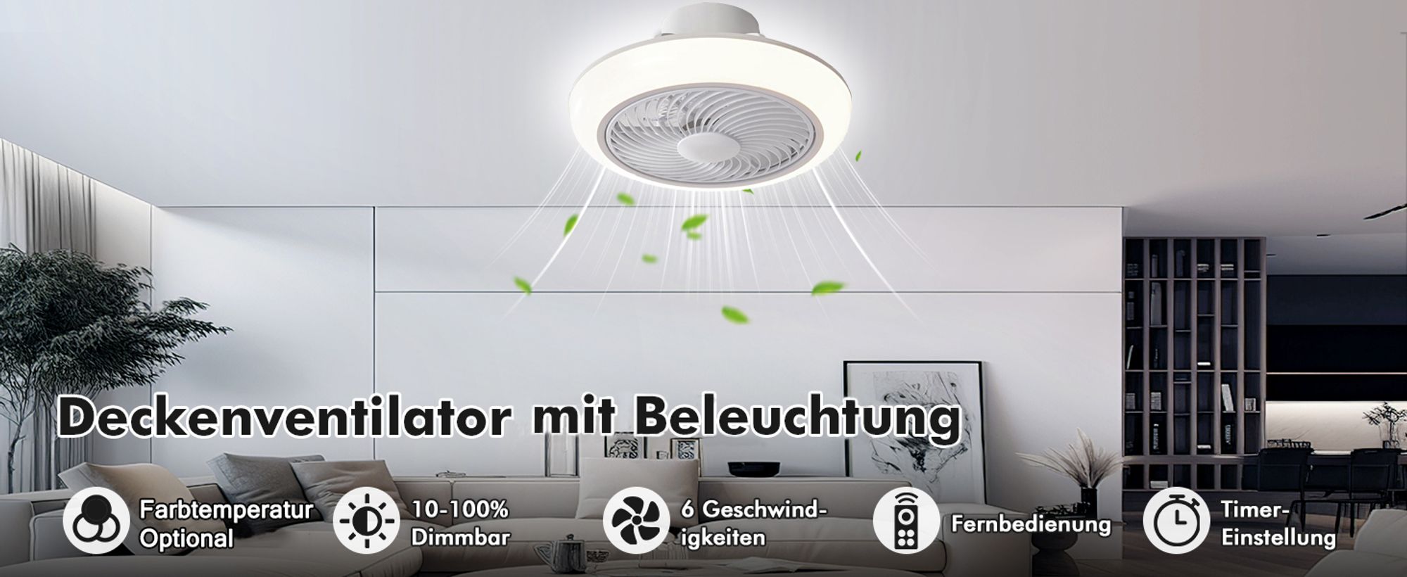Smart Deckenventilator mit Beleuchtung und Fernbedienung 3000K-6000K Dimmbar LED Deckenleuchte mit Ventilator 6 Windgeschwindigkeit Lüfterleuchte