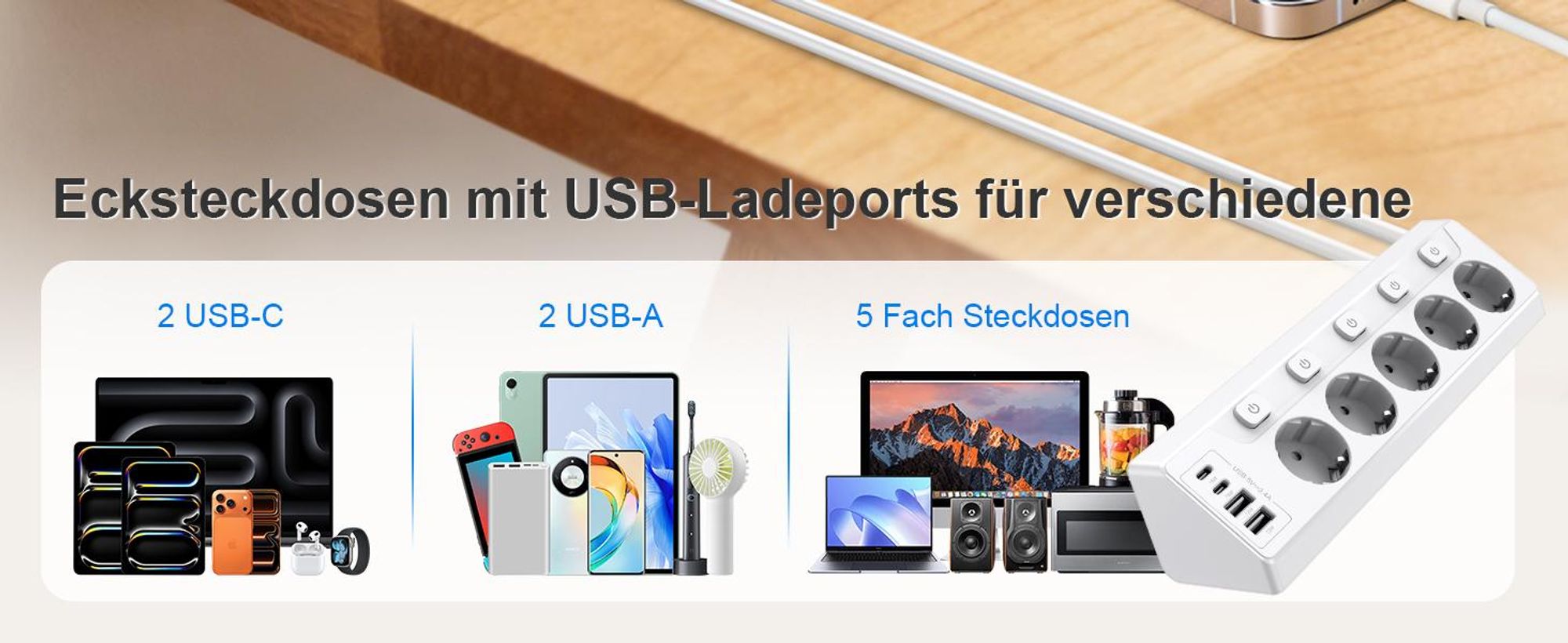 Steckdosenleiste, Steckdosenadapter, EU Steckdose, 5 Fach Mehrfachstecker, Verteilersteckdose, Tischsteckdose, mit 4 USB+2 USB C,2M Verlängerungskabel