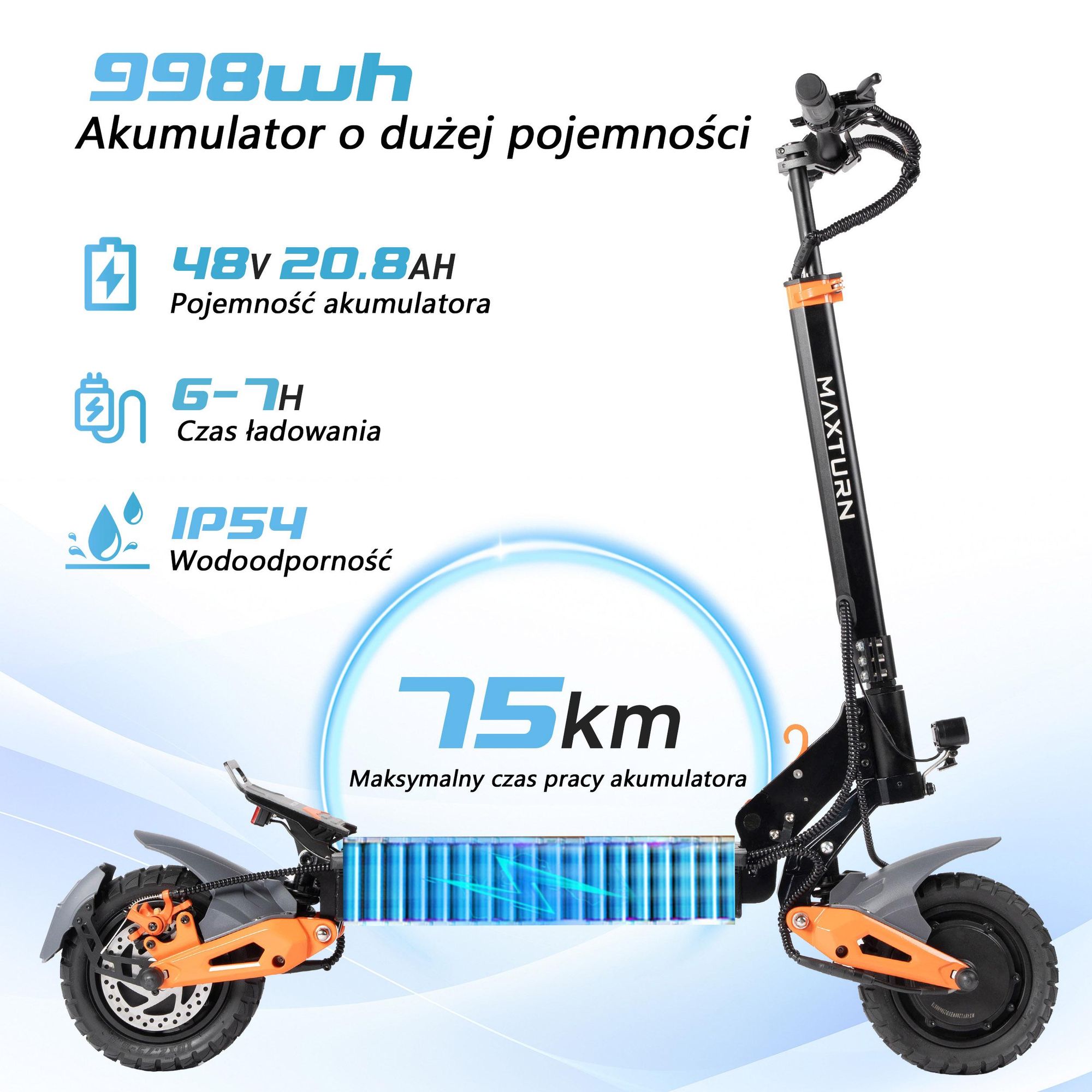 Hulajnoga Elektryczna MAXTURN X1 Ultra - 48V20.8Ah 10'' E-Skuter Aluminiowa Rama - Czarna