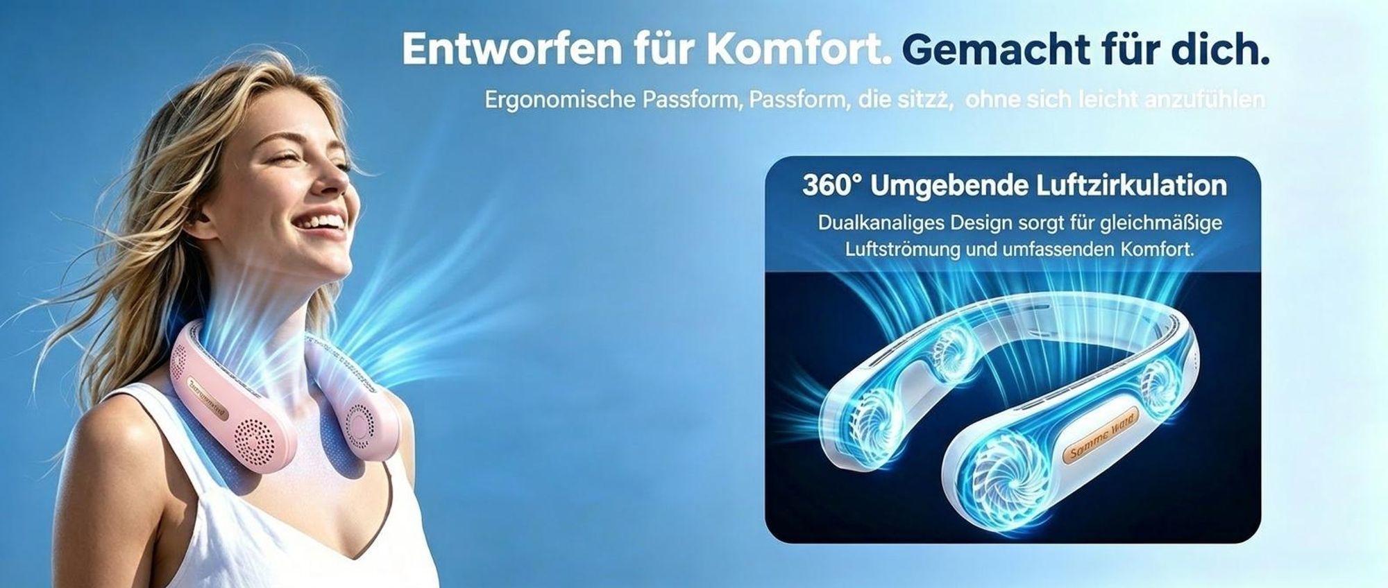 Nackenventilator, Halsventilator, blattlos, leise, USB, 4000mAh, 3 Stufen, 4Turbinen, 360° Luftstrom, für Reisen & Büro(Rosa)