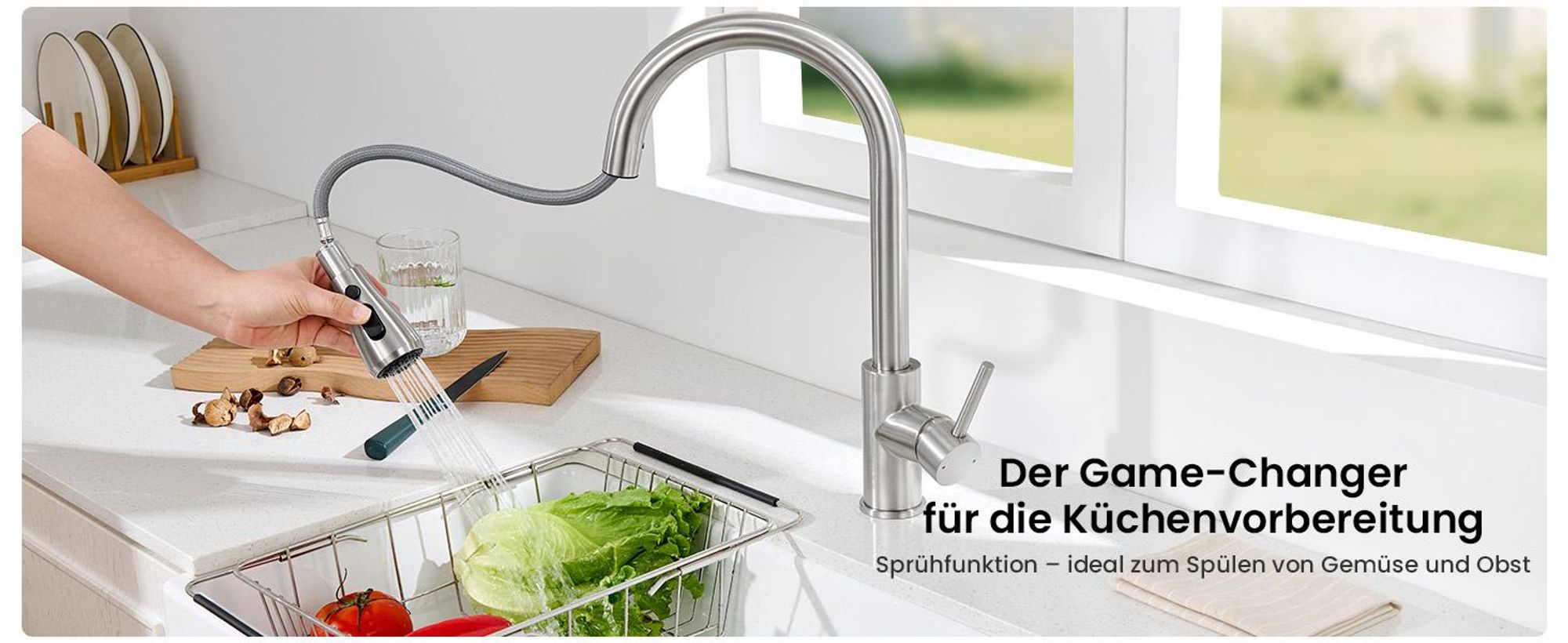 AjieQaQ Wasserhahn Küche ausziehbar, 304 Edelstahl gebürstet, 2 Strahlarten, hoher Auslauf, 360° schwenkbar