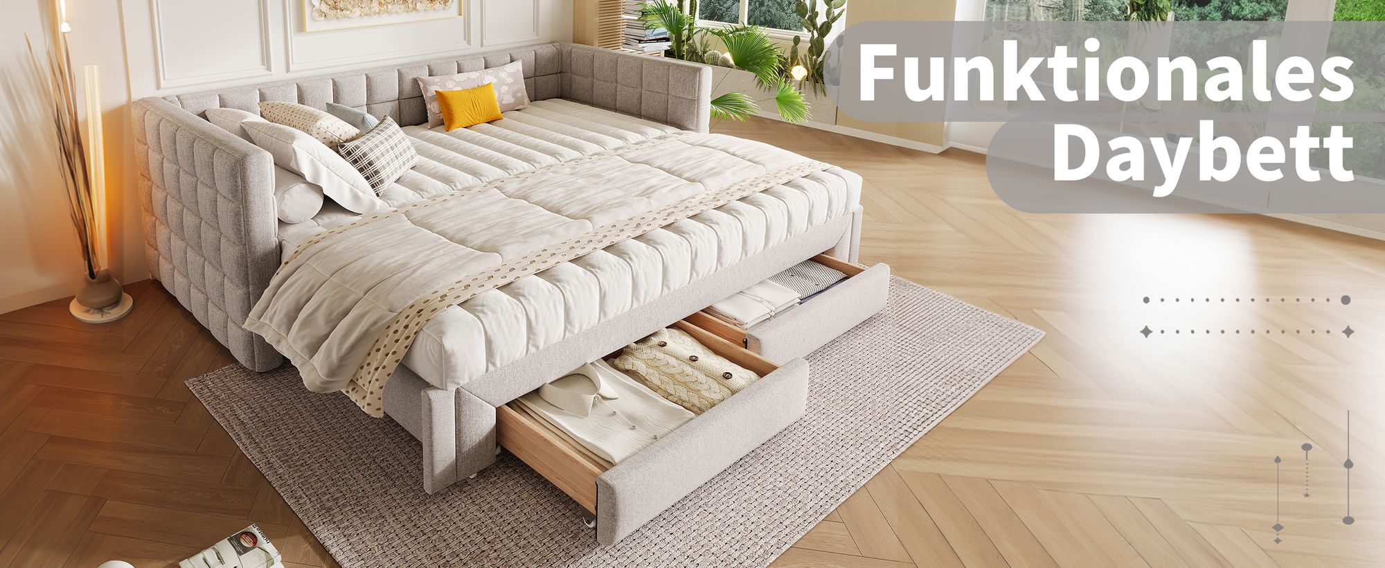 MODFU Daybett, Ausziehbett 90x200cm  Schlafsofa Jugendbett Kinderbett Tagesbett,t mit quadratischer Rückenlehne,(ausziehbar auf 180 Queensize), 2 Schubladen, Ohne Matratze, Beige