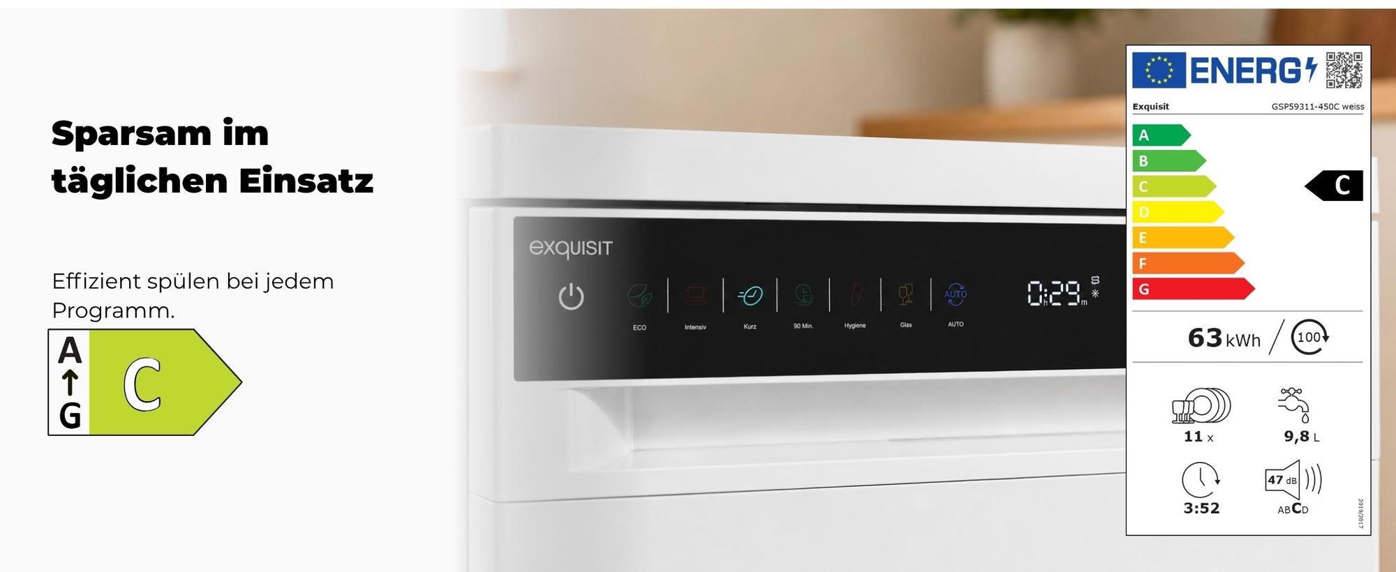 Exquisit Geschirrspüler 11 Maßgedecke | Energieklasse C | 7 Spülprogramme | Aquastop | Besteckschublade | Unterbaufähig | Startzeitvorwahl | Weiß