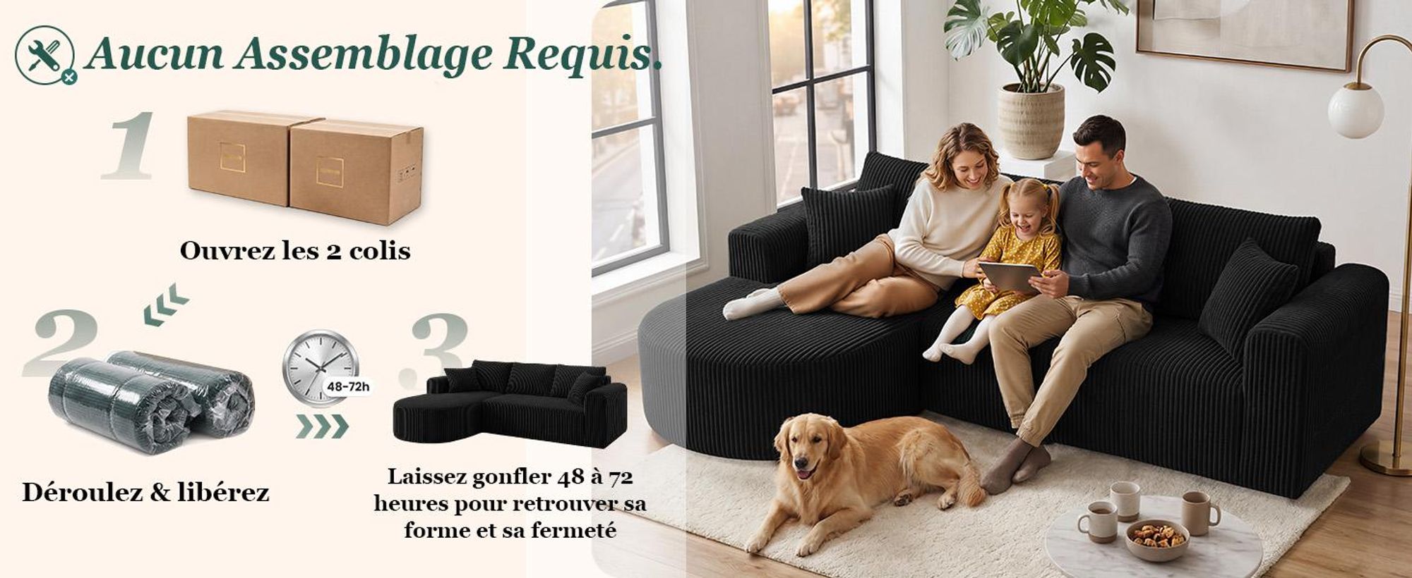 Canapé d'angle avec fonction convertible, canapé modulaire en velours sans structure visible, canapé avec chaise longue, canapé d'angle convertible, canapés modulaires avec coussins et poches latérales, 243 cm