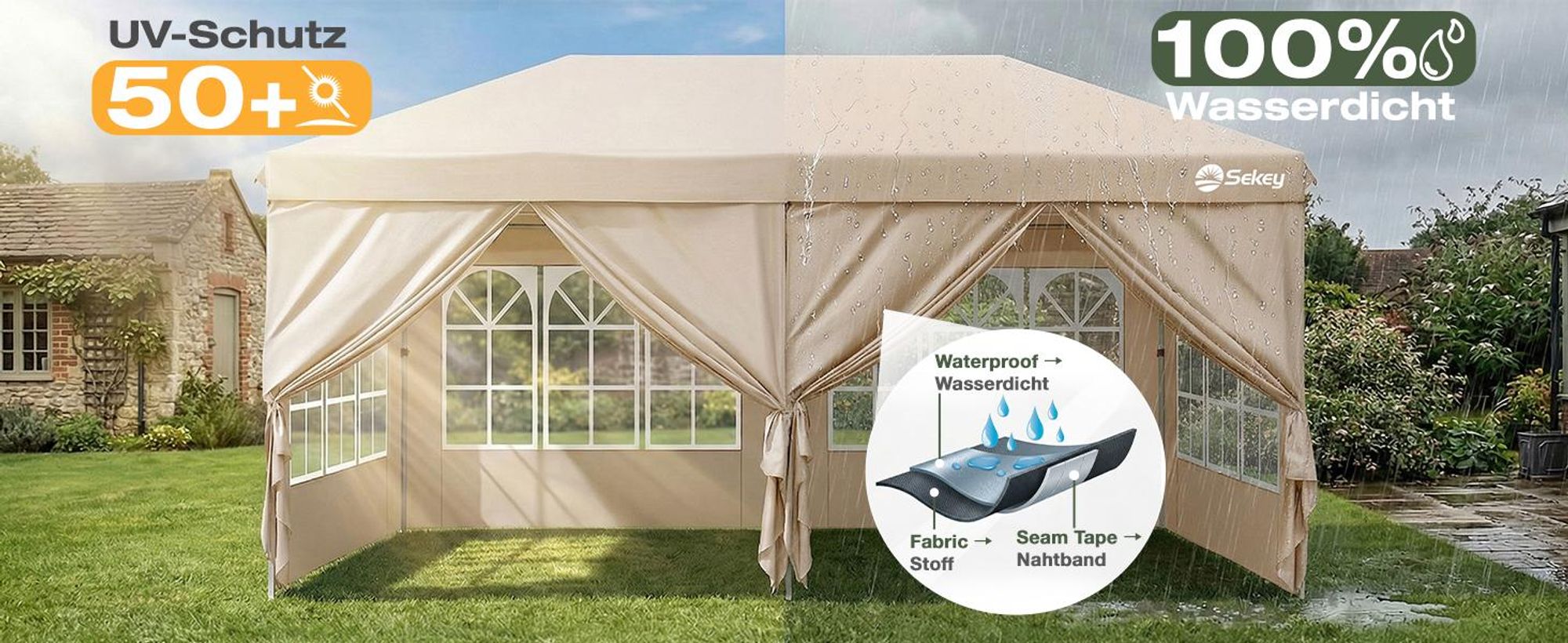 Sekey Faltpavillon 3x6 m wasserdicht UV50+ Gartenpavillon Partyzelt mit 6 Seitenteilen höhenverstellbar, Taupe