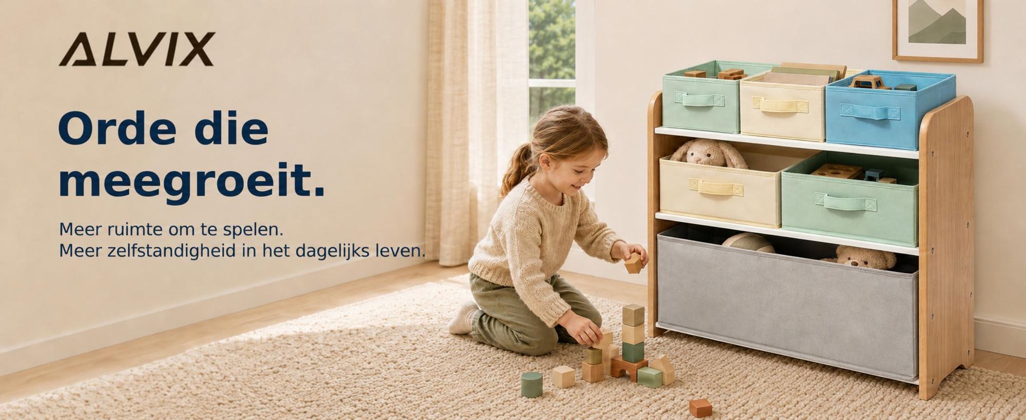 ALVIX Speelgoedrek NESTA 6 met 6 uitneembare opbergboxen, kinderrek, speelgoedopslag van MDF, opbergrek voor kinderkamers