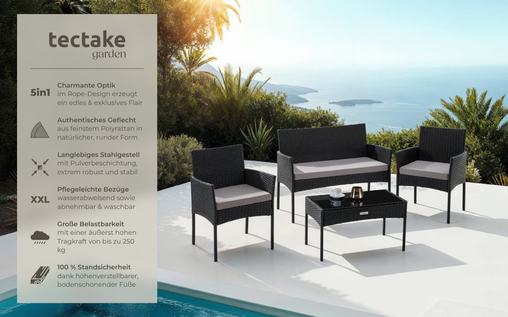 tectake® Rattan Gartenset Palese für 4 Personen