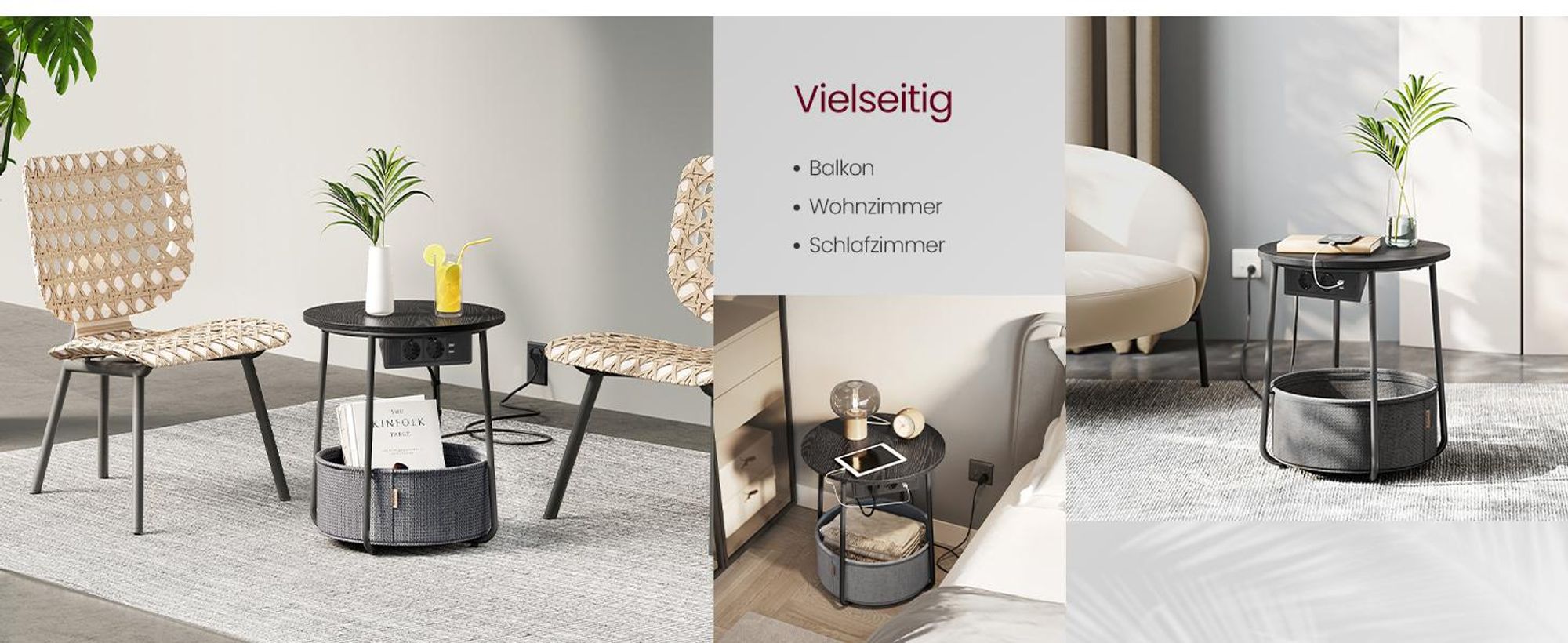 VASAGLE Beistelltisch rund, mit Steckdose, USB-Anschlüsse, Ø45 cm, ebenholzschwarz-schiefergrau