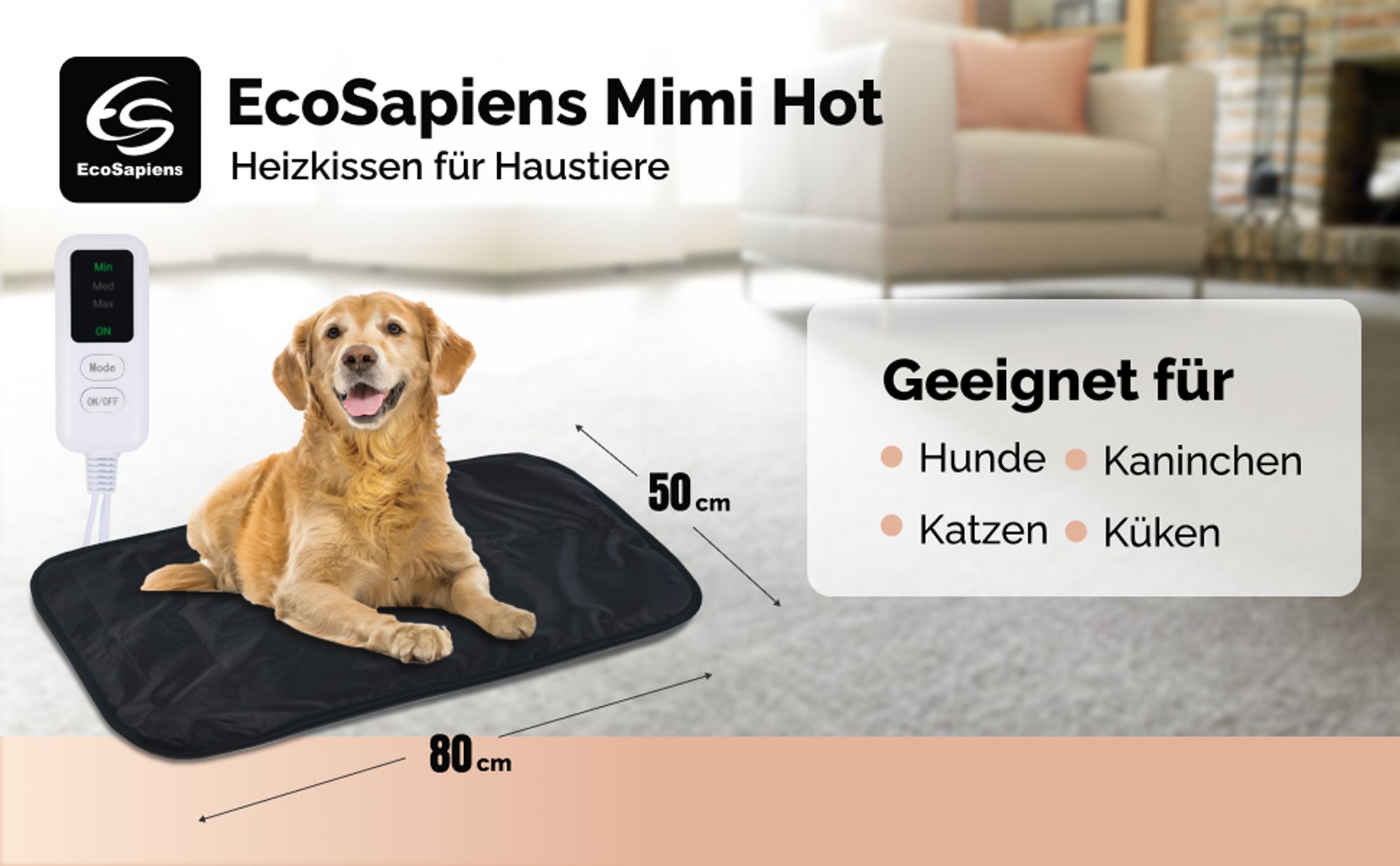 Heizkissen für Hunde, Katzen, Haustiere, 50 x 80 cm, ECOSAPIENS MIMI HOT, Schwarz