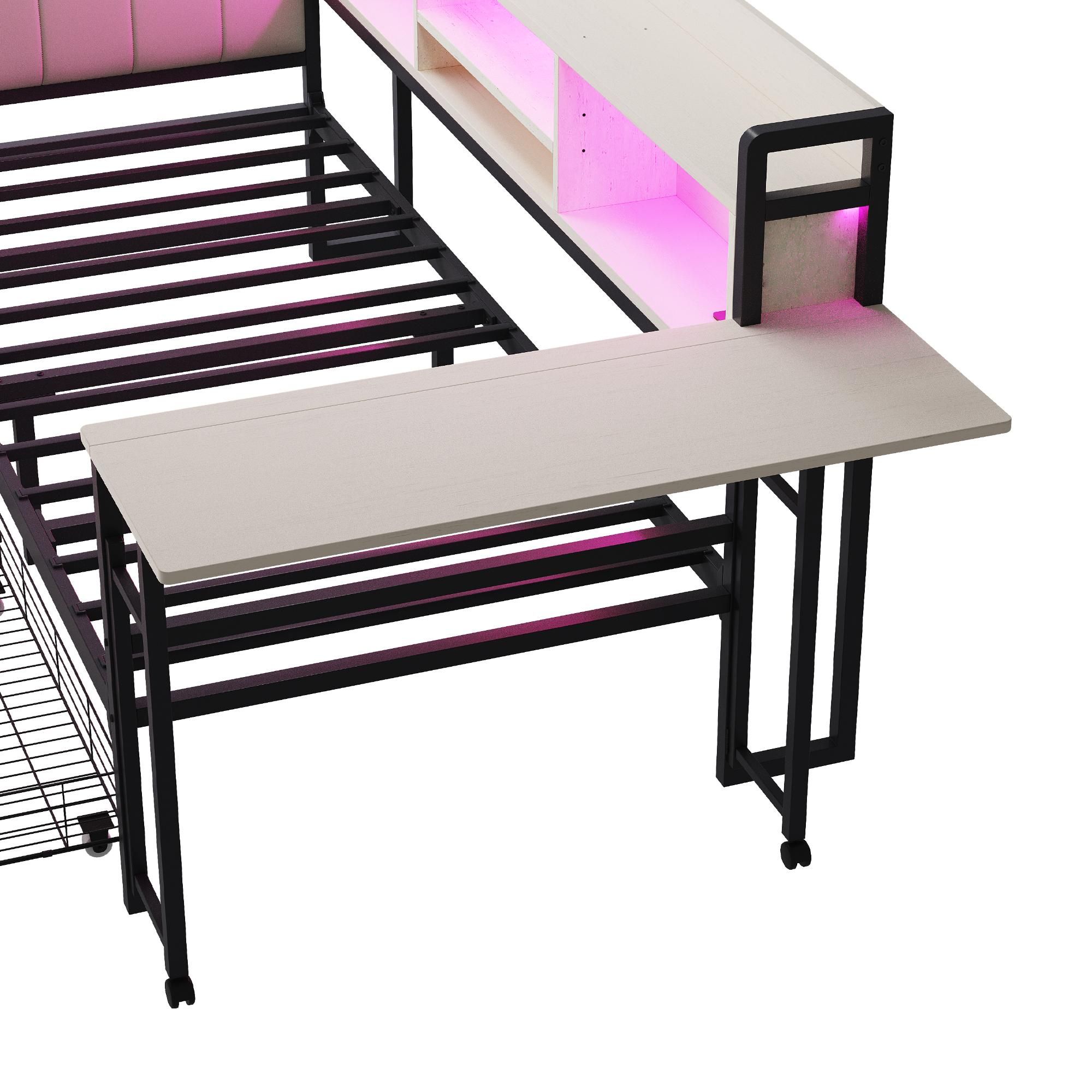Flieks Schlafsofa Metallbett 90x200cm mit 2 Schubladen, Jugendbett Einzelbett mit Schreibtisch und Ladefunktion, Tagesbett mit Led, Weiß
