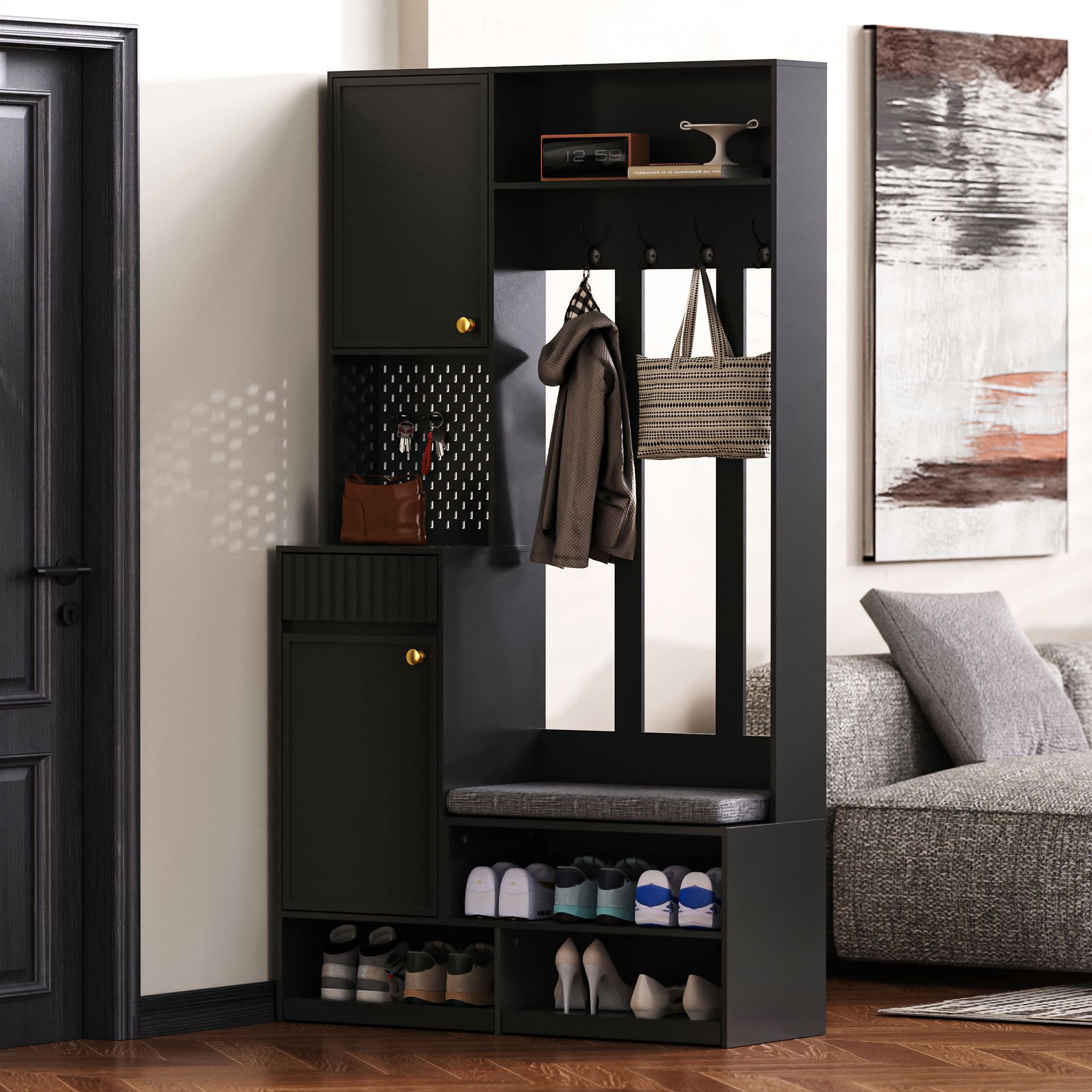 Flieks Garderobensets Eckgarderobenschrank mit Sitzbank und Schuhregal, 100x35x180 cm, multifunktionaler Schrank mit 4 Haken, schwarz