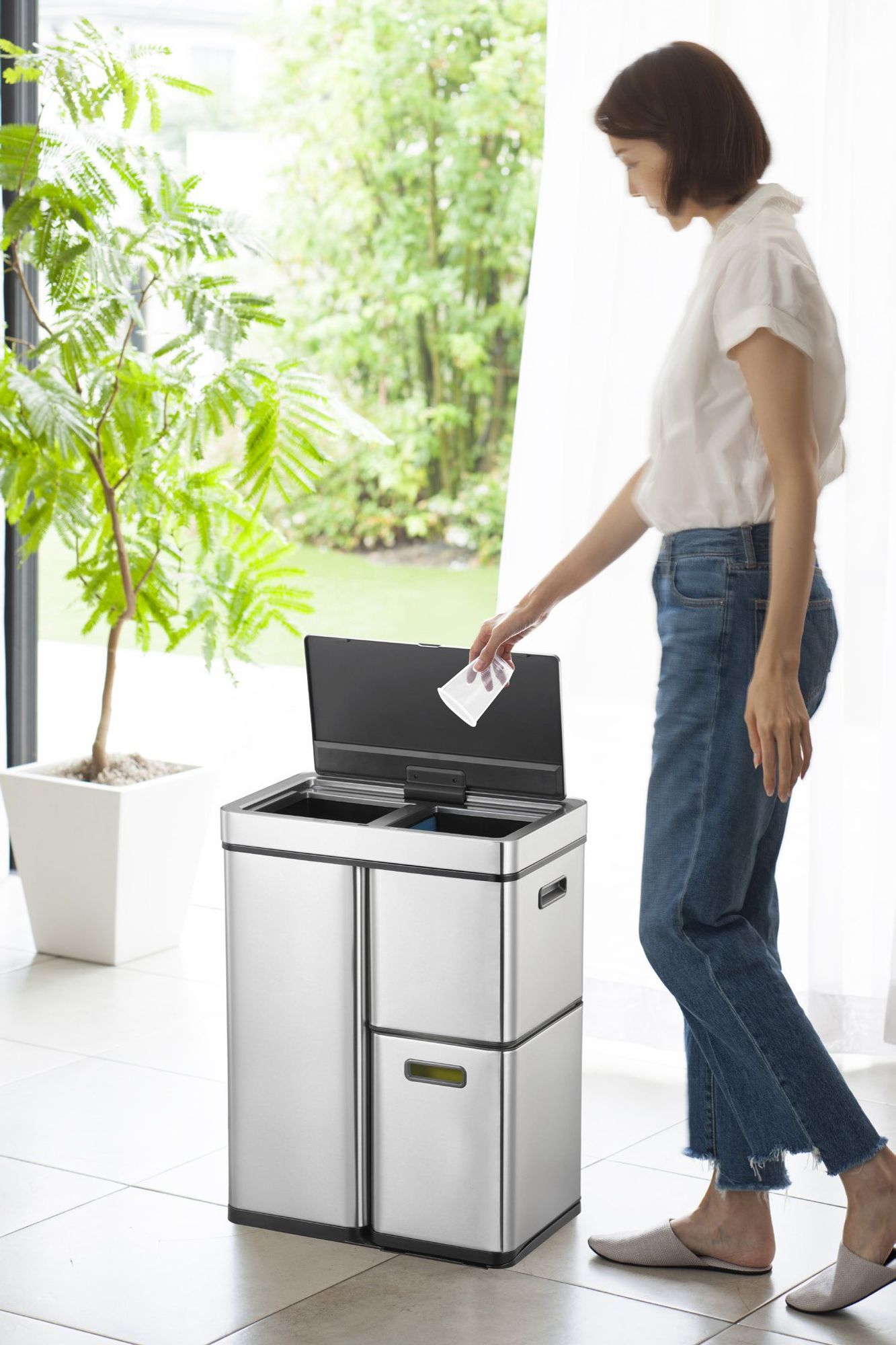 EKO - Kosz na śmieci Mirage Plus Recycler Sensor 30+15+15 litrów - Stal nierdzewna Tworzywo sztuczne - Matowa stal nierdzewna