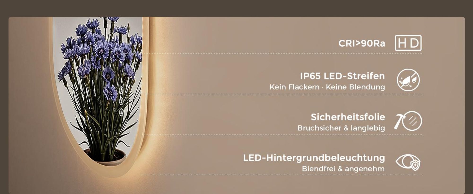 S'AFIELINA LED Badspiegel 50x70 cm asymmetrisch, rahmenlos, dimmbar, 3 Lichtfarben, Anti-Beschlag, Memory-Funktion, Wandspiegel Bad