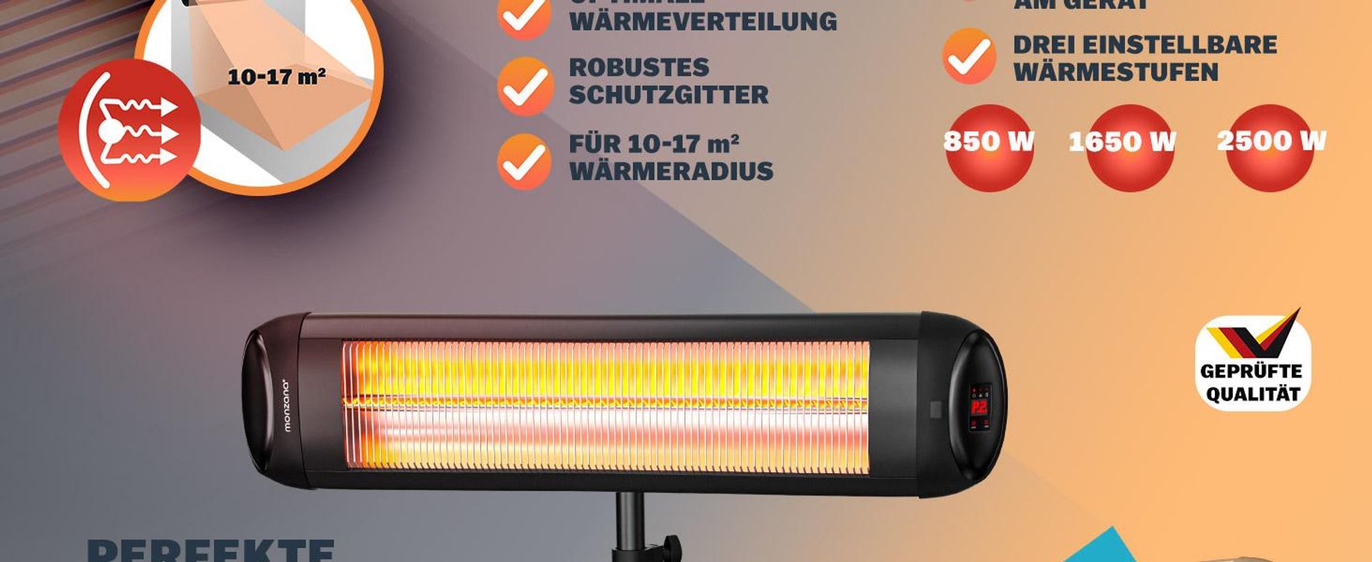 MONZANA® Infrarot Heizstrahler 2500W mit Teleskopständer Schwarz