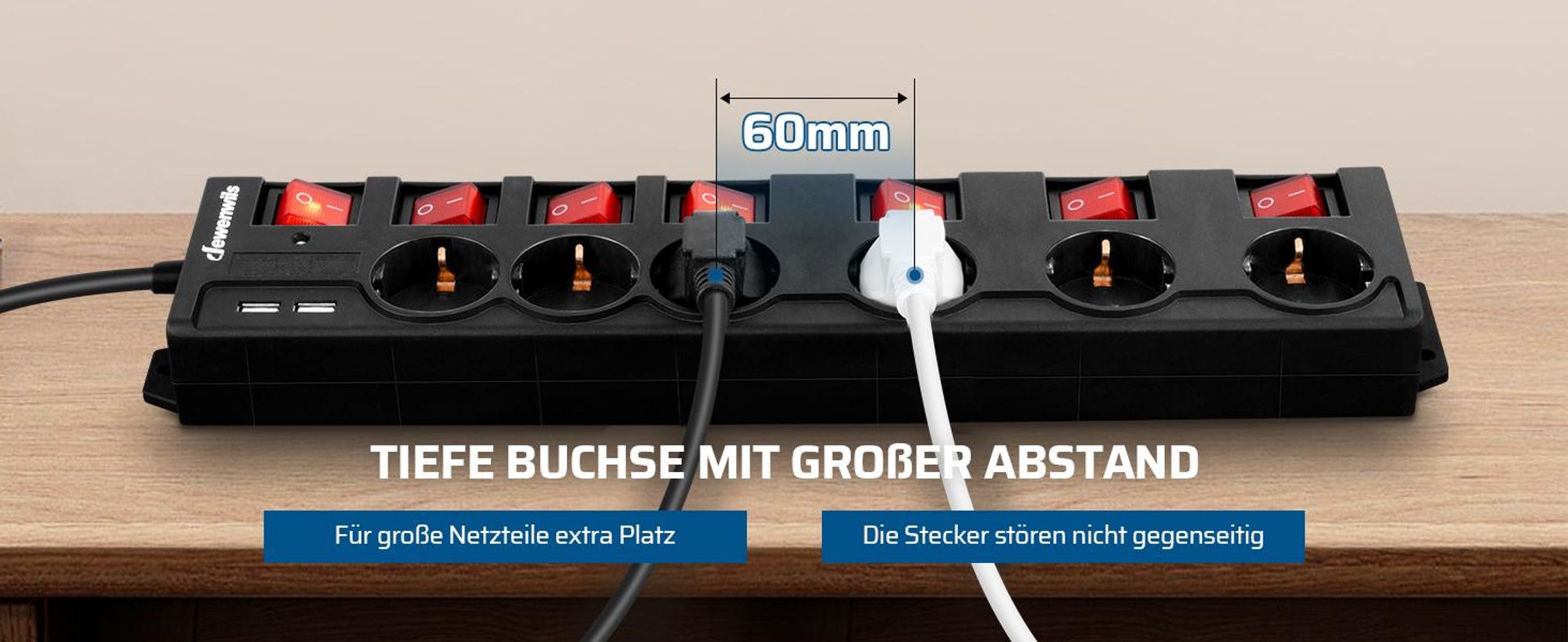DEWENWILS 2M Steckdosenleiste mit 2 USB, 6 Fach Mehrfachsteckdose mit Schalter, Schwarz