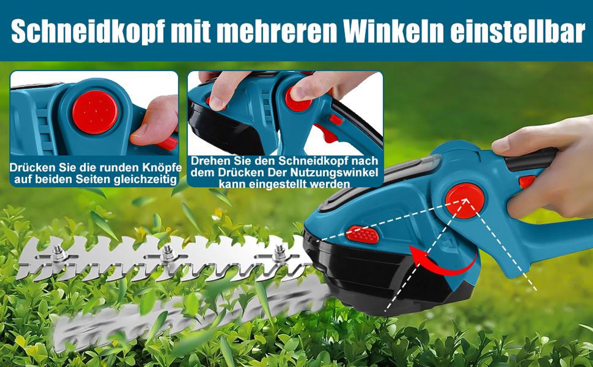 Akku Heckenschere, Kabellose Grasschere, Elektrische Rasentrimmer, Grasschneider, Elektrischer Strauchschere, mit 2 Klingen, 1 Akku und 1 Ladegerät