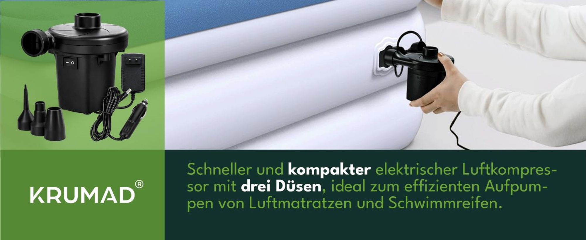 KRUMAD Elektrische Luftpumpe 12V/230V, 50W, mit Aufblas- & Entlüftungsfunktion, 3 Aufsätze, für Luftmatratzen, Pools, Boote und Spielzeug