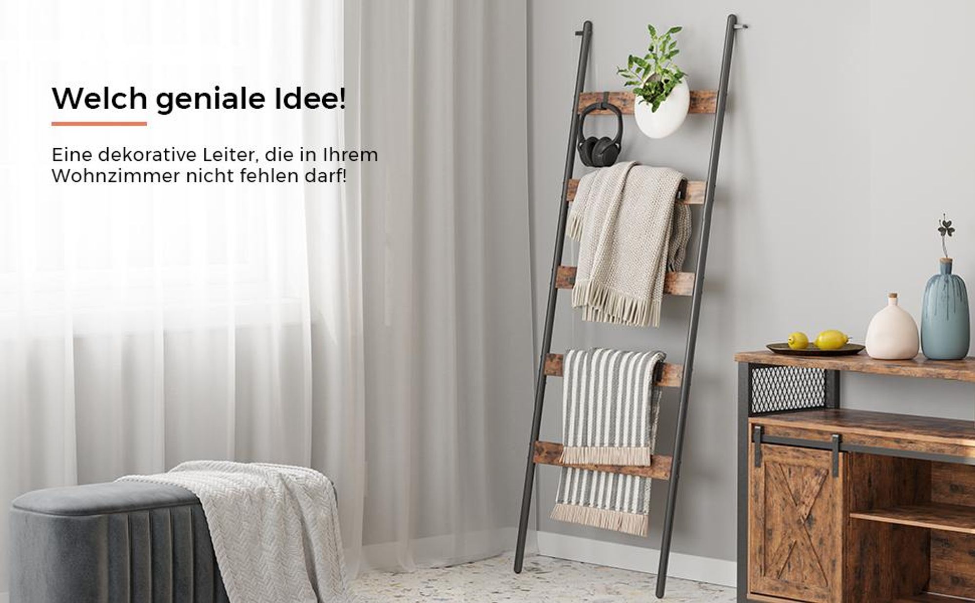 VASAGLE Handtuchleiter Handtuchregal, Leiterregal, mit 5 Ebenen, 4 Haken