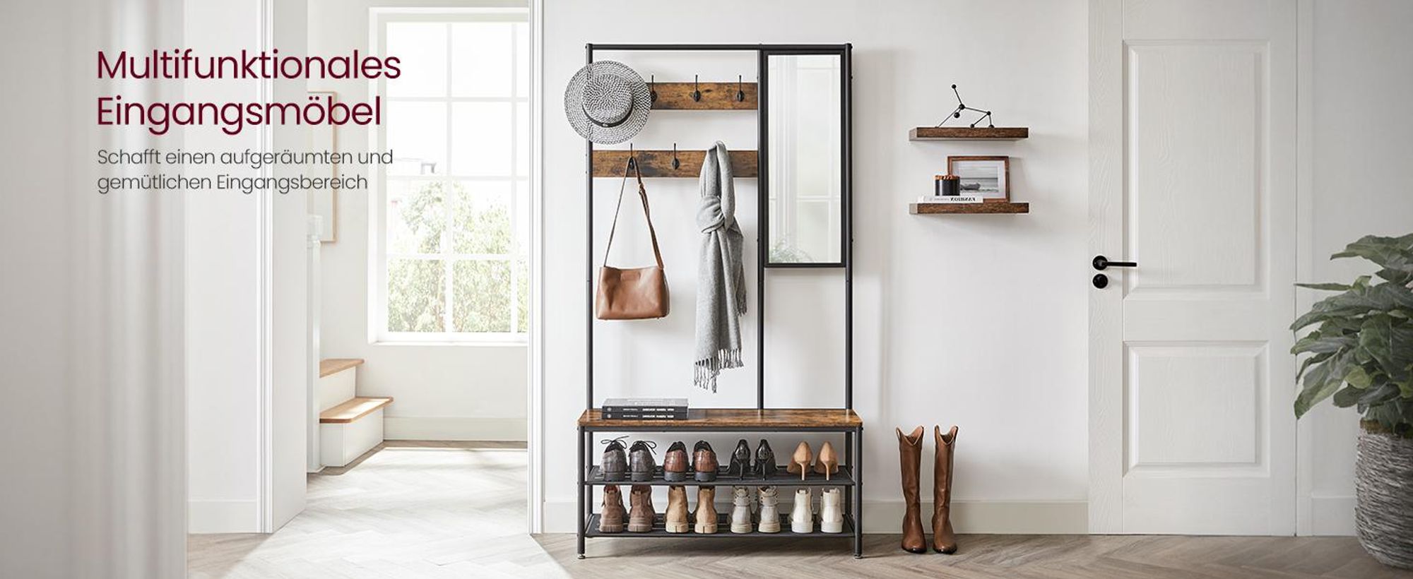 VASAGLE Kleiderständer, Garderobe, Garderobenständer mit Haken, Spiegel, Sitzbank, 35 x 98 x 180 cm, für Eingangsbereich, Schlafzimmer, Wohnzimmer, Industrie-Design, vintagebraun- schwarz HSR415B01