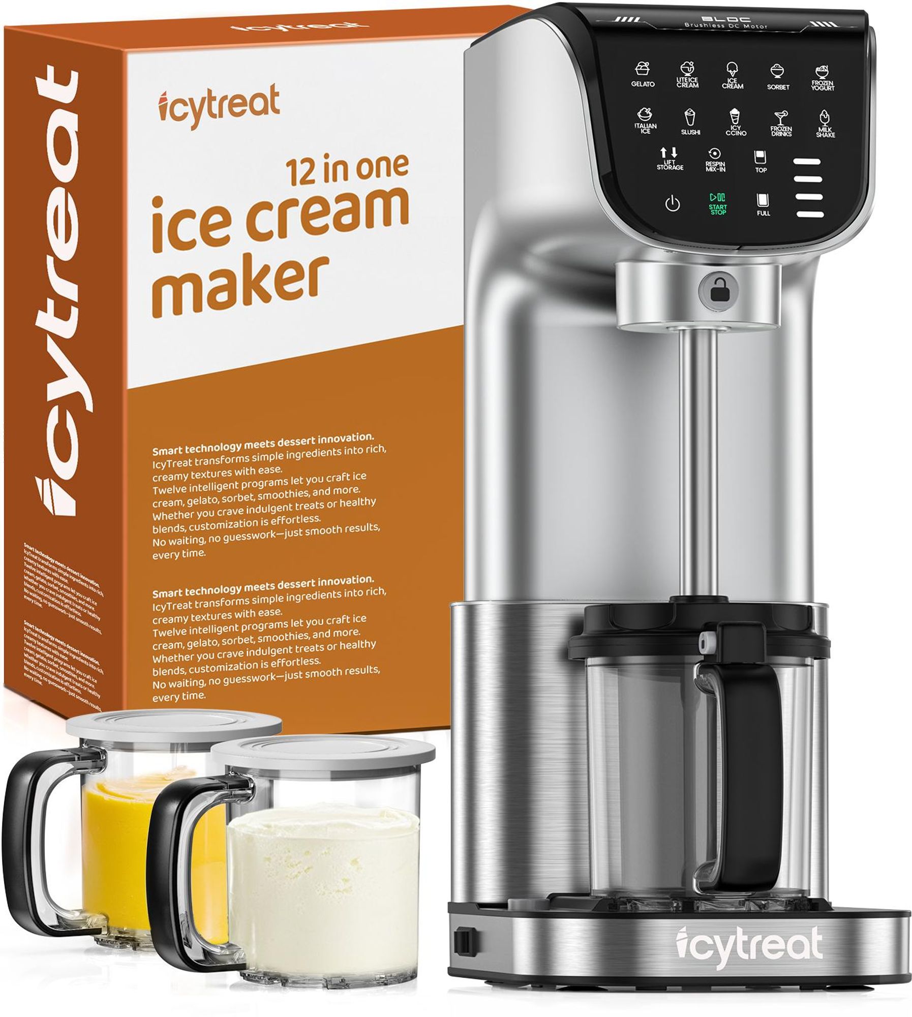 Eismaschine 12-in-1 vollautomatische Edelstahl Hausgemachte Speiseeisbereiter Sorbet, Milchshake, Frozen Yogurt & mehr