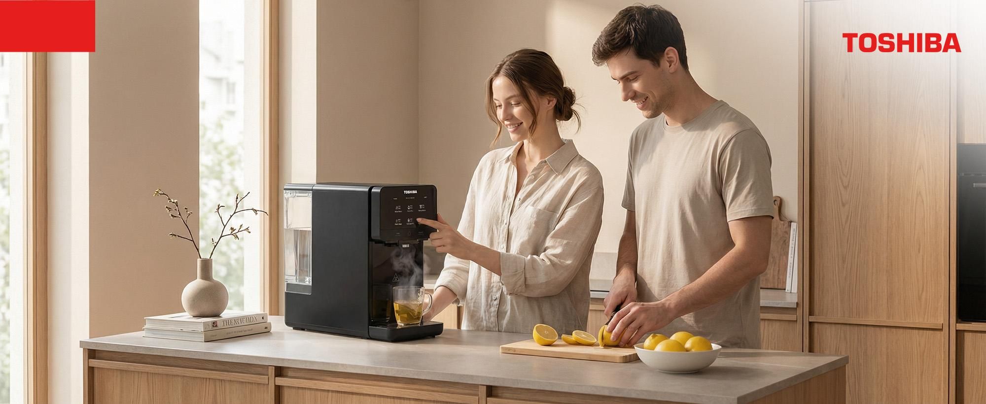 Toshiba Osmoseanlage, Wasserfilter Trinkwasser, Auftisch, Keine Installation, Heißwasserspender, Umkehrosmoseanlage, Mehrfach-Filterung, grau