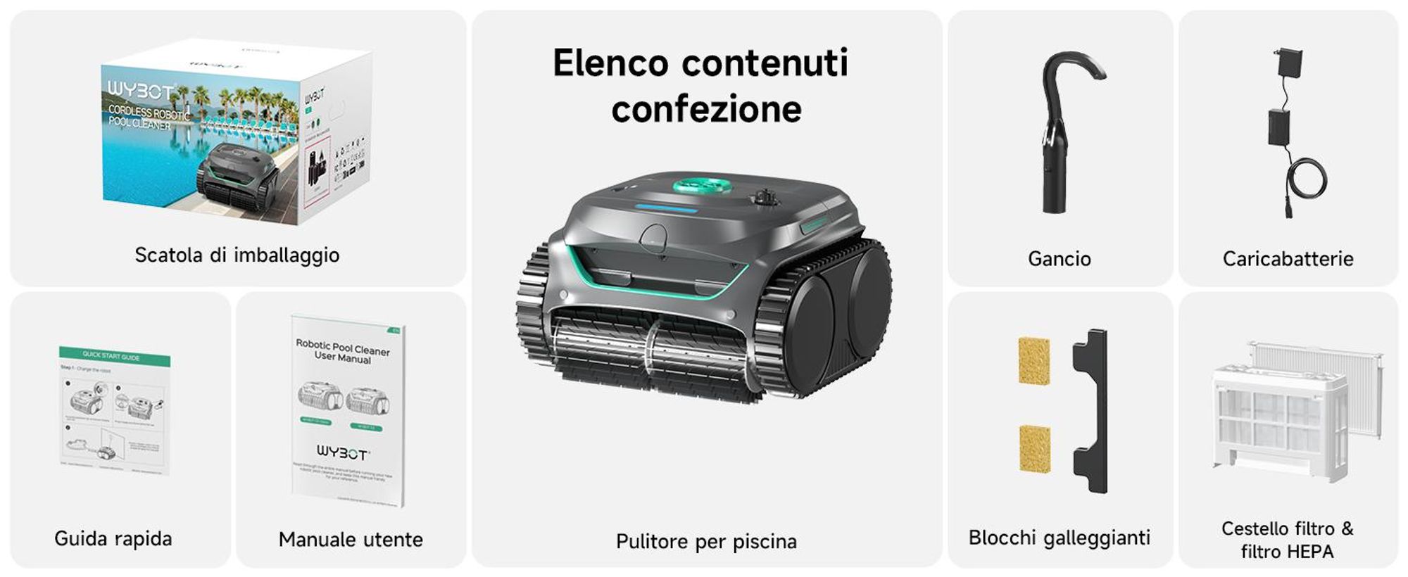 Robot per piscina senza fili WYBOT C2 - Potenza di aspirazione 3592 GPH, autonomia di 180 minuti, doppio filtro da 180 μm + 10 μm, controllo tramite app, IPX8, fino a 150 m²