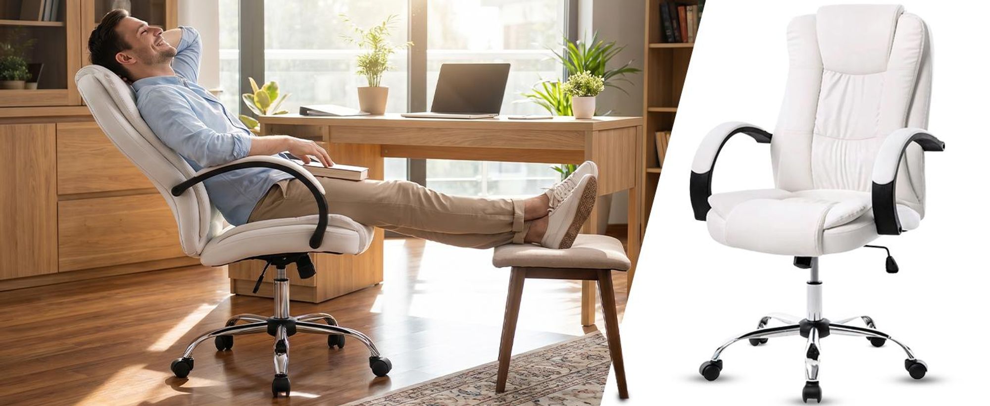 Bürostuhl – Ergonomischer Sitz Schreibtischstuhl mit Weichen Armlehnen, Chefsessel Lordosenstütze Rückenlehne Sitz, Drehstuhl bis 130 kg, Weiß, Retoo