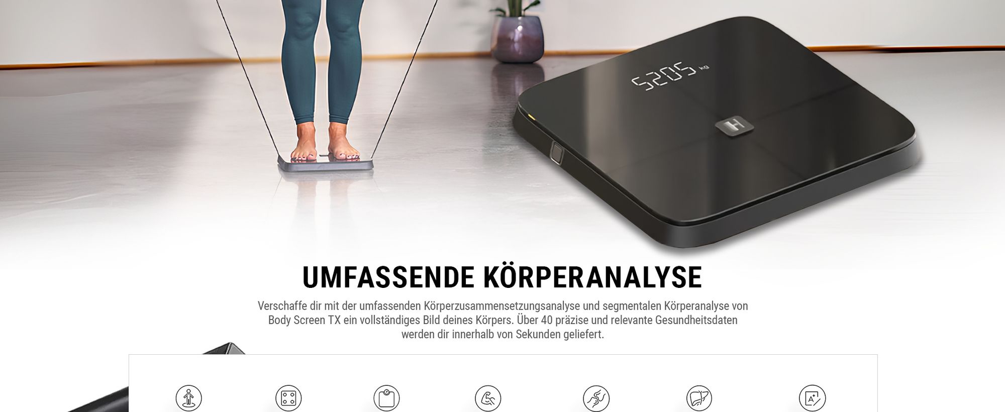 HAMMER Körperanalysewaage Body Screen TX, schwarz, 8 Sensoren, 15 Messungen inkl. App