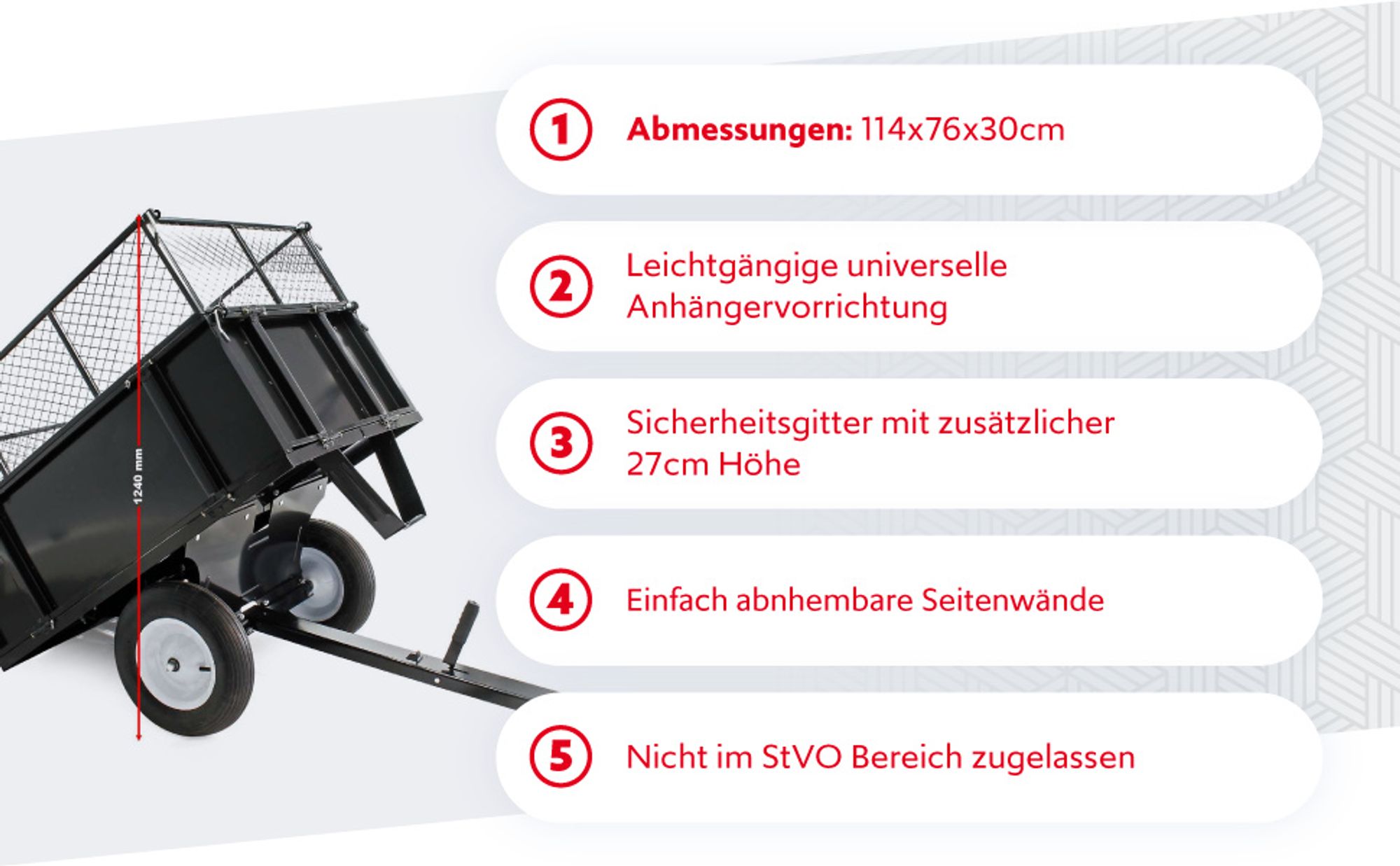 Wiltec Kippanhänger 166,5 x 77,5 x 106 cm 300 kg, Anhänger Kipper für Rasentraktor mit Gitter u. abnehmbaren Seitenwänden, Anhänger mit Kippfunktion