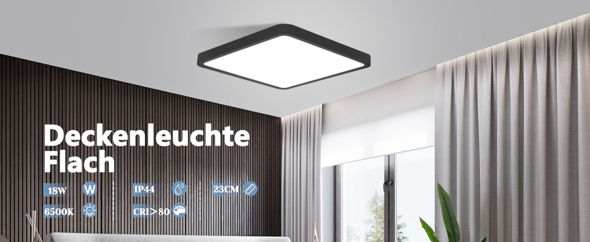 ZMH Deckenlampe LED Deckenleuchte Flach 23CM Badezimmerlampe Schwarz 18W Flurlampe Deckenbeleuchtung Schlafzimmer 6500K Küchenlampe Eckig Badlampe