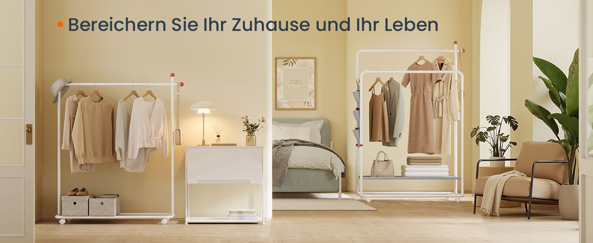 Kleiderständer auf Rollen, Garderobenständer, 2 Hängestangen