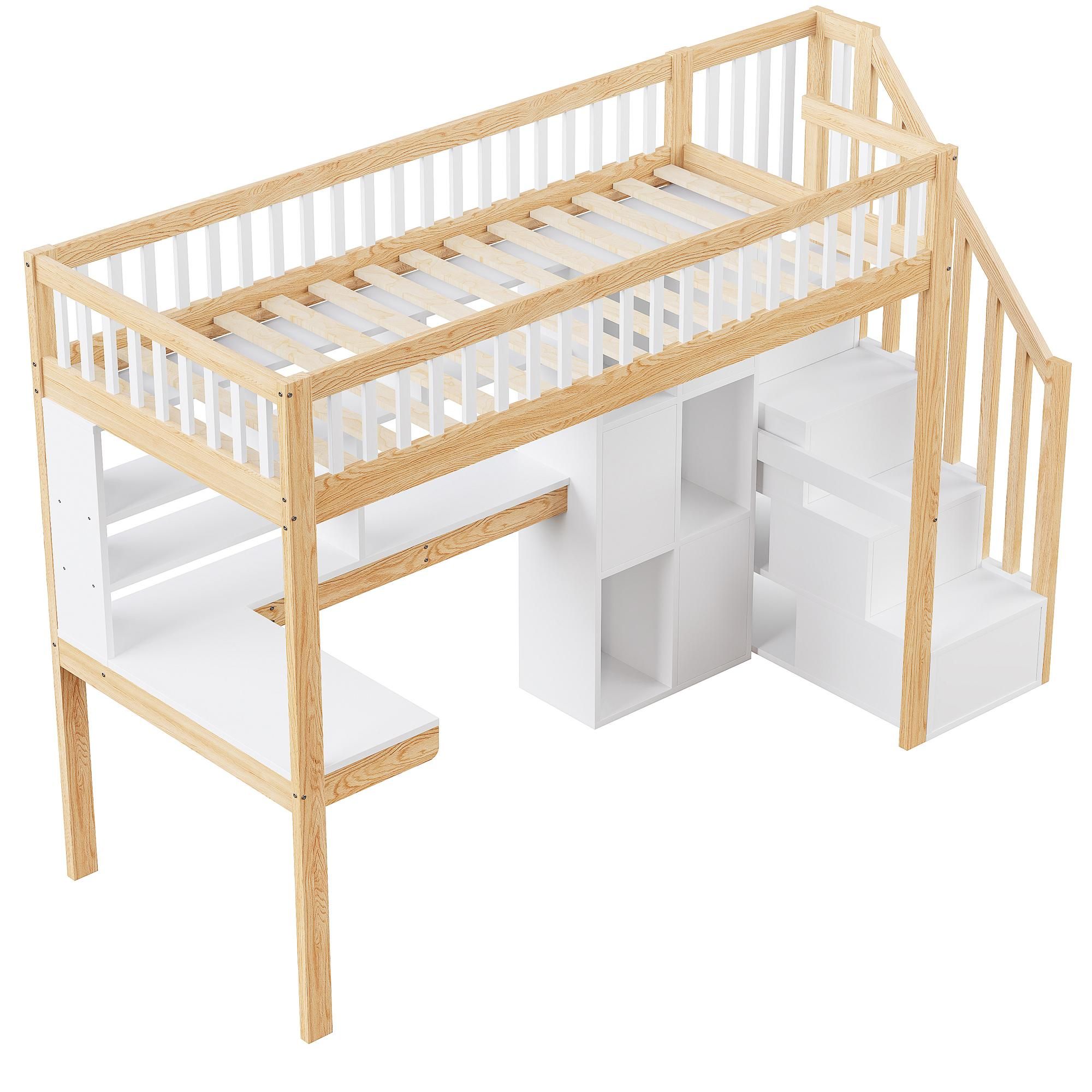 Flieks Etagenbett 90x200cm mit Schreibtisch & Regal, Hochbett mit LED & Schrank, Kinderbett Jugendbett mit Schubladen, Stockbett Einzelbett Holzfarbe