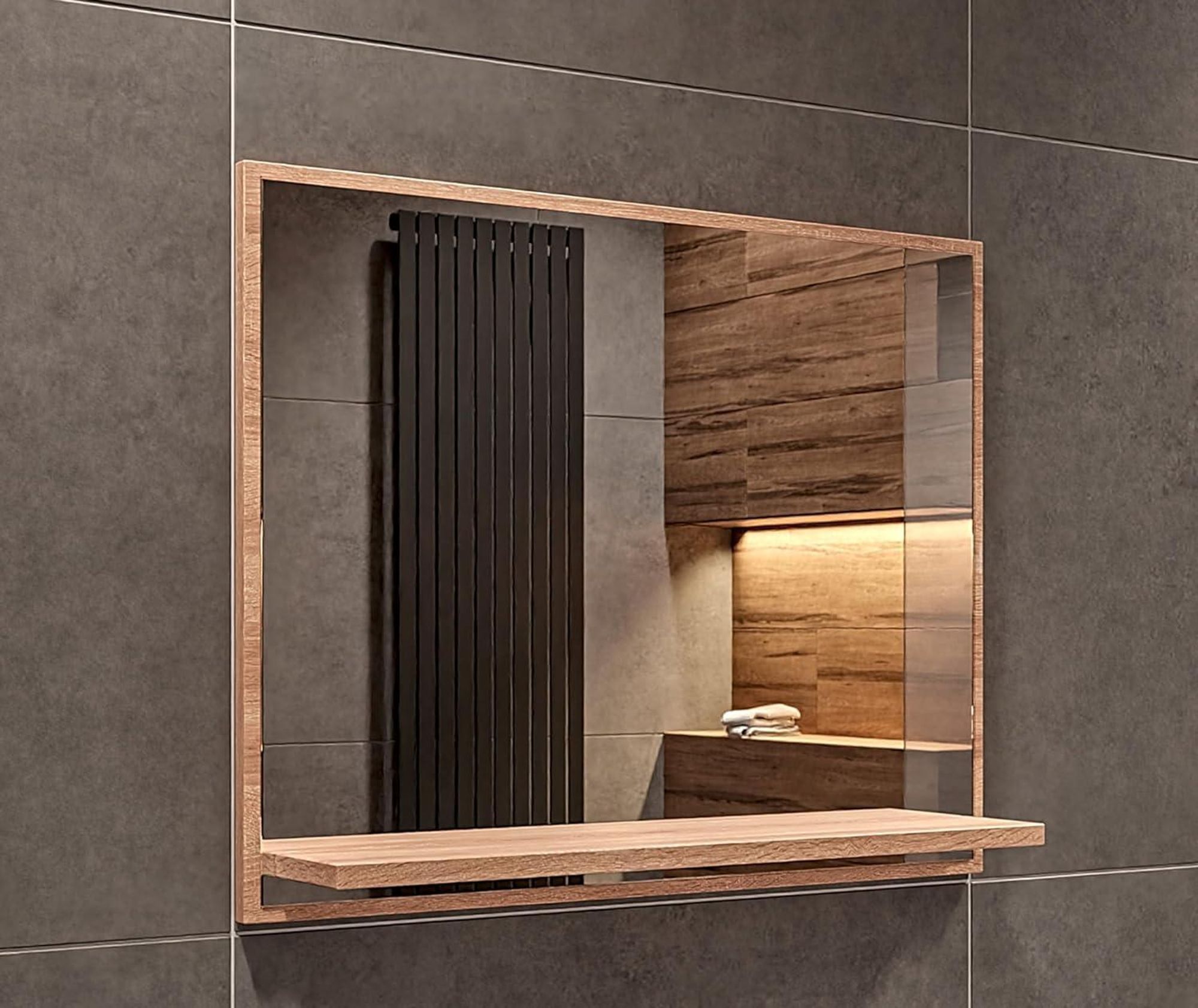 Badspiegel mit Beleuchtung Sonoma H:50 x B:60 cm - Bathroom Mirror IP44 - Badezimmer Spiegel Rechteckig mit Ablage und LED 4000K - Wandspiegel