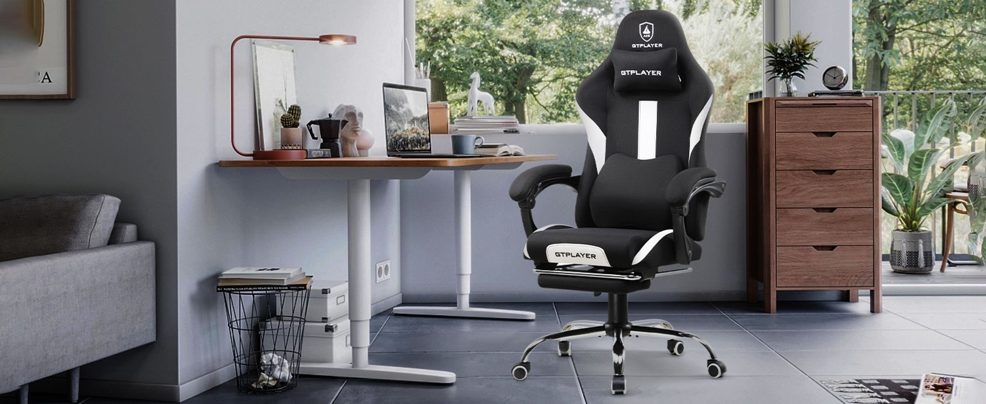 GTPLAYER Gaming Stuhl Ergonomischer Gaming Sessel Schreibtischstuhl mit Stoffoberfläche Atmungsaktiver Bürostuhl Federsitzkissen mit Fußstütze weiß