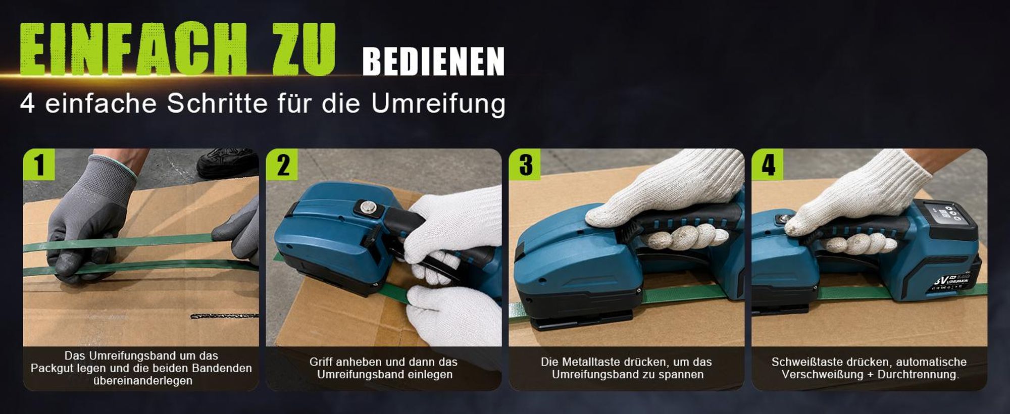 3500N Elektrische Umreifungsmaschine für 10-16mm PET/PP Bänder Akku Umreifungsgerät mit 2 x 5000mAh & Digitaldisplay Bündelungswerkzeug Umreifungsset