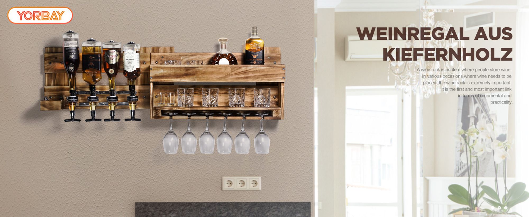Yorbay Weinregal Palette beflammt Holz, Wandbar mit 4 Getränkespender Wand Flaschenhalter Flaschenhalter, Vintage, Geschenk
