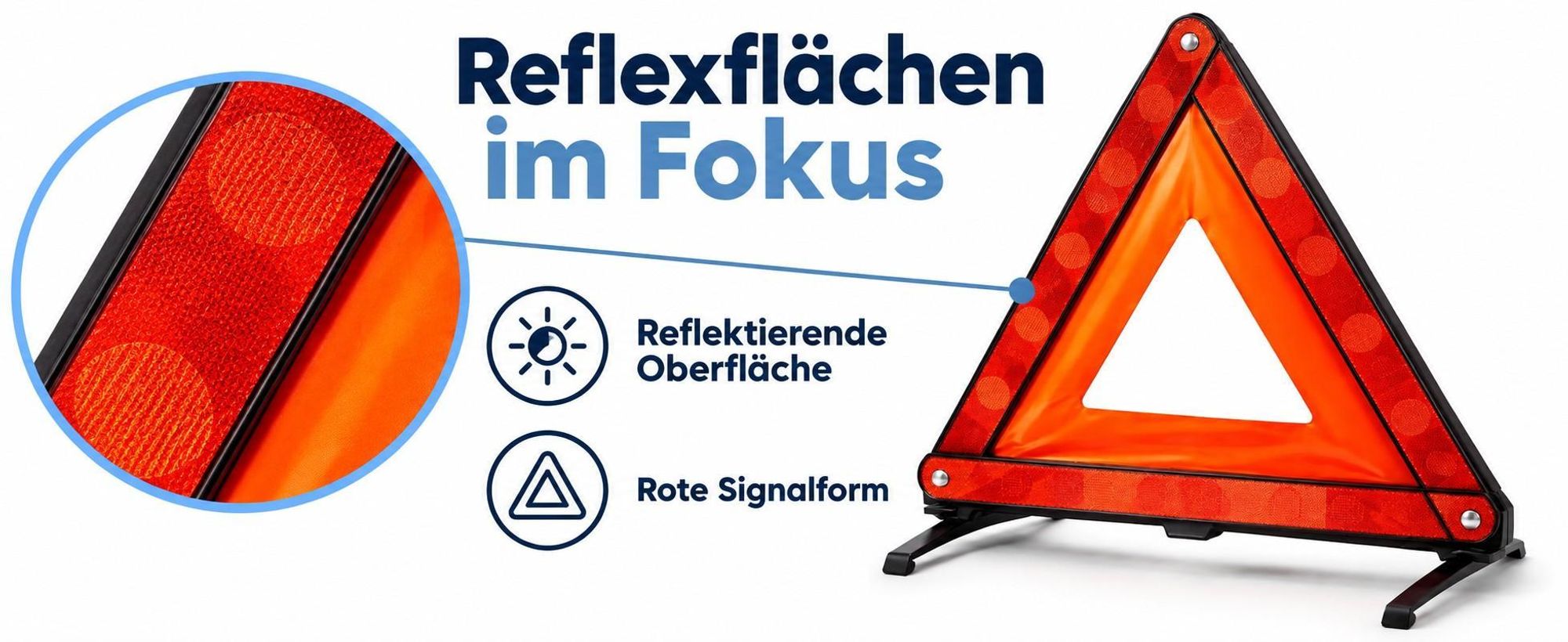 Rotes Warndreieck mit orangefarbener Innenfläche, Reflexflächen und breiten schwarzen Standfüßen
