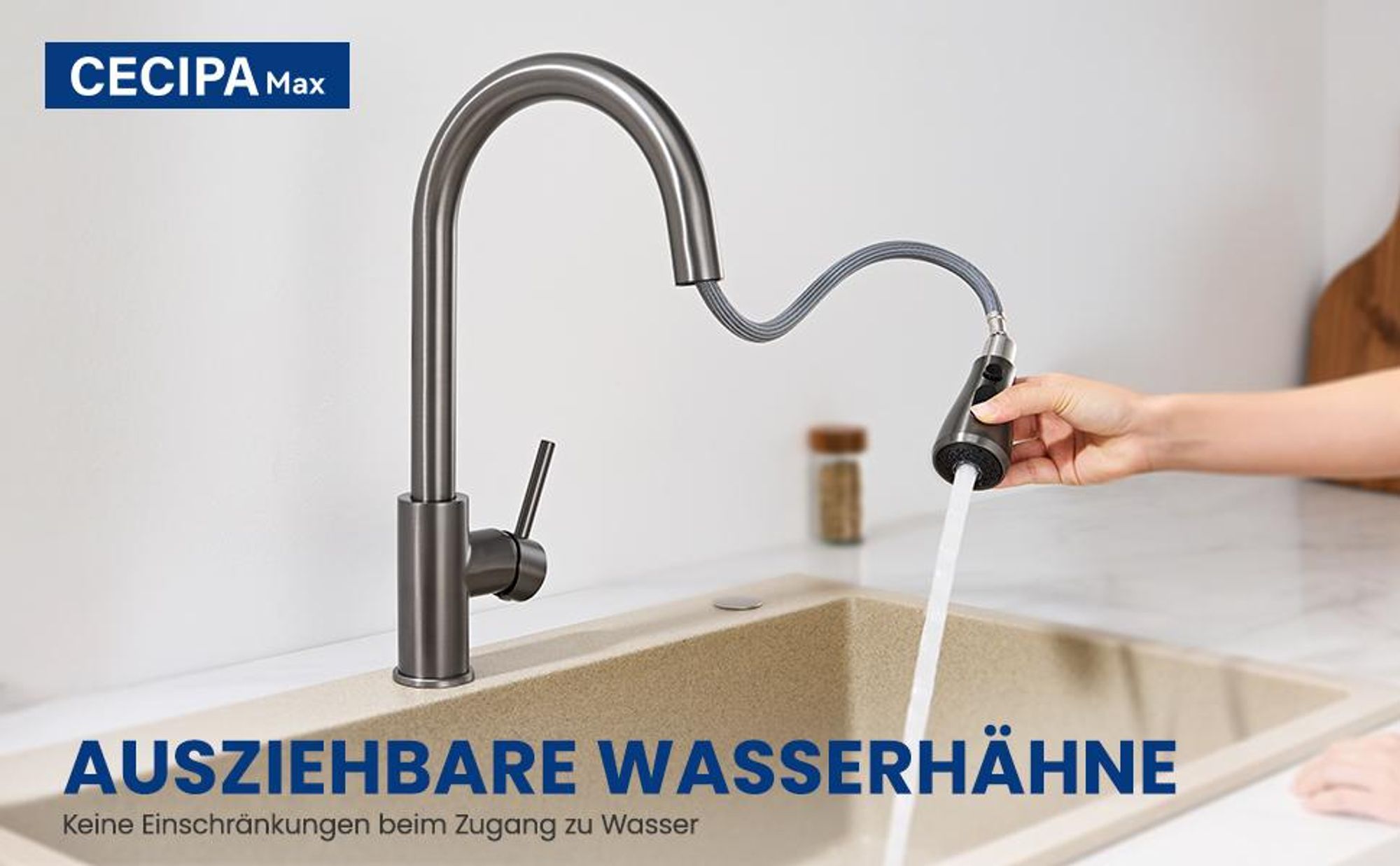 Küchenarmatur Grau, Ausziehbar Wasserhahn Küche mit 2 Strahlarten, hochdruckarmatur, Cecipa MAX Wasserhahn für Spülbecken, 304 Edelstahl Mischbatterie