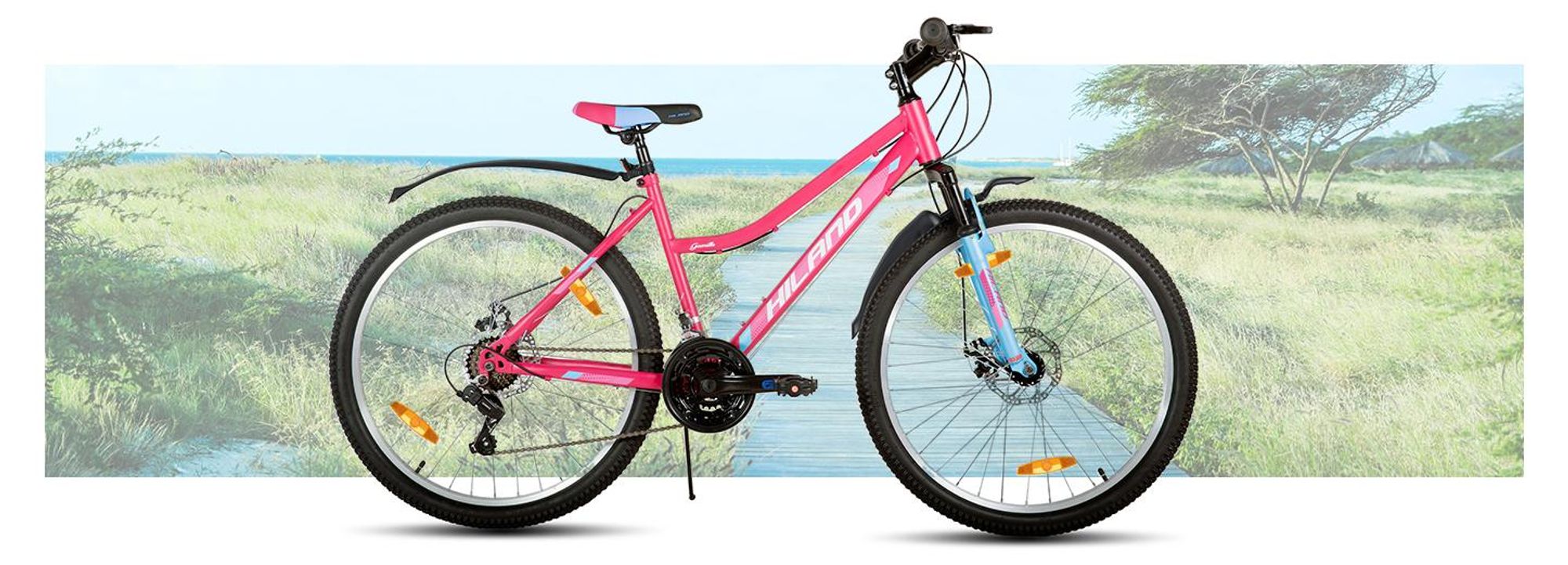 Hiland 26 Zoll Damen Mountainbike, 18 Gänge Federgabel MTB mit 18-Gang-Getriebe und gefederte Vorderradgabel, doppelte mechanische Scheibenbremsen