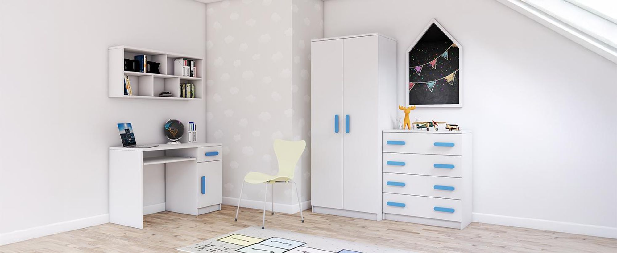 Drehtürenschrank JONAS 06 – Kinderkleiderschrank 80 cm Weiß/Weiß mit blauen Griffen