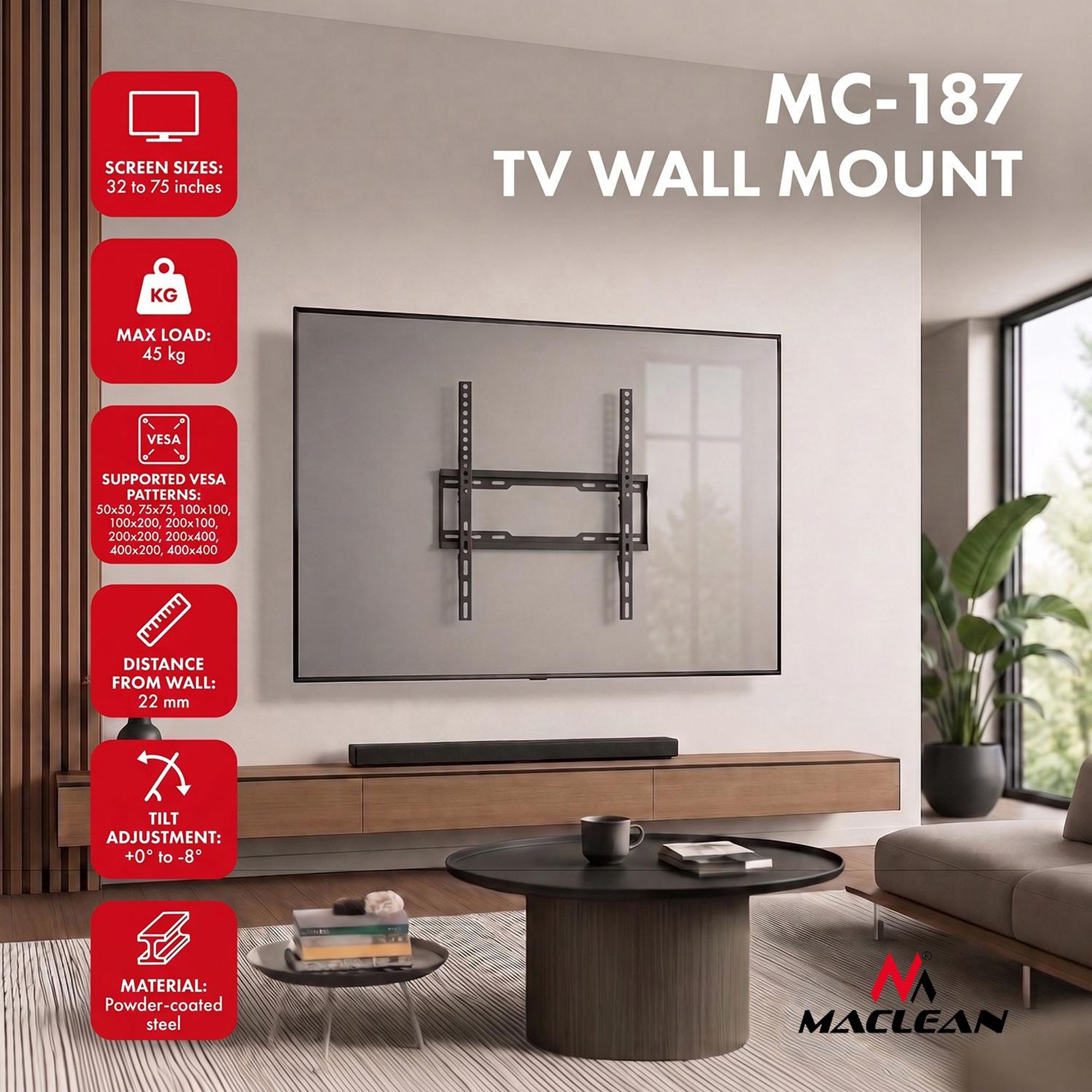 Maclean TV-Halterung/Aufhängung max. VESA 400x400 32–75" bis zu 45 kg schwarz Neigungsverstellung 0°–-8° MC-187