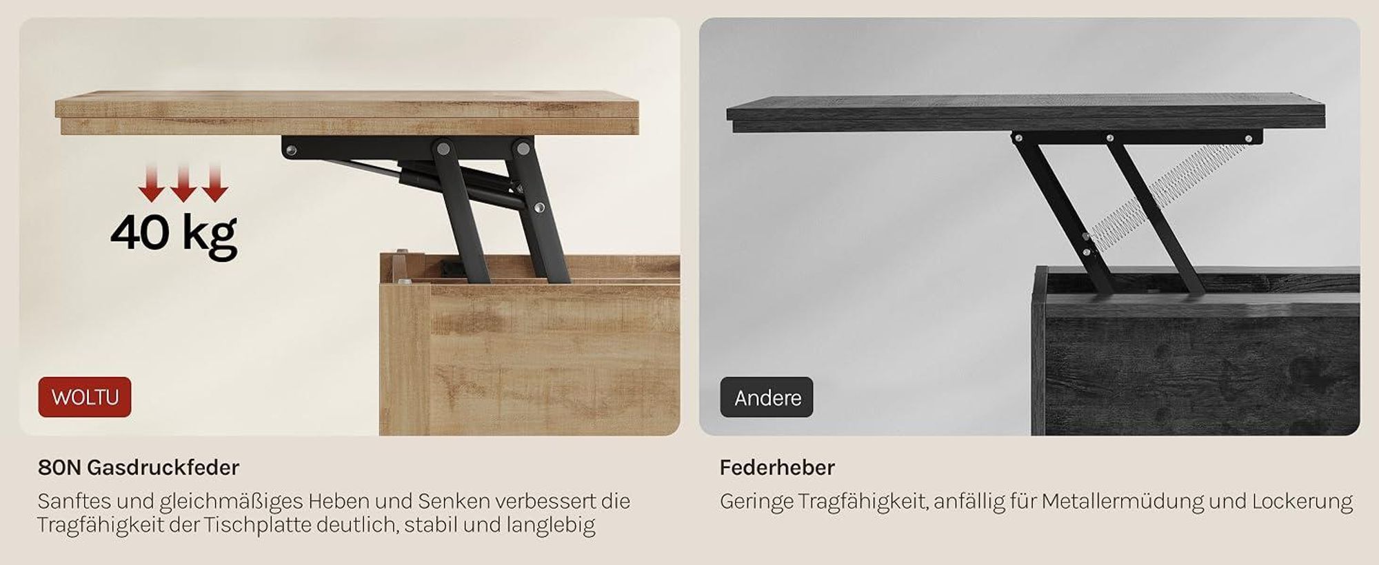 WOLTU Couchtisch höhenverstellbar, 2 Schubladen, 1 offenes Fach und 3 versteckte Fächer, Kamelbraun