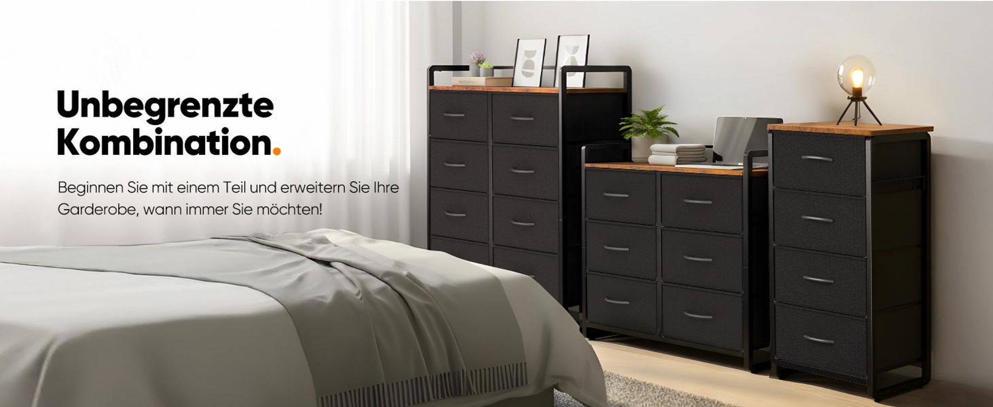 HOKEEPER Kommode, Schrank mit 8 Schubladen aus Stoff, Komodenschrank Schlafzimmer mit Holzplatte, Sideboard, Chest of Drawers Flurschrank