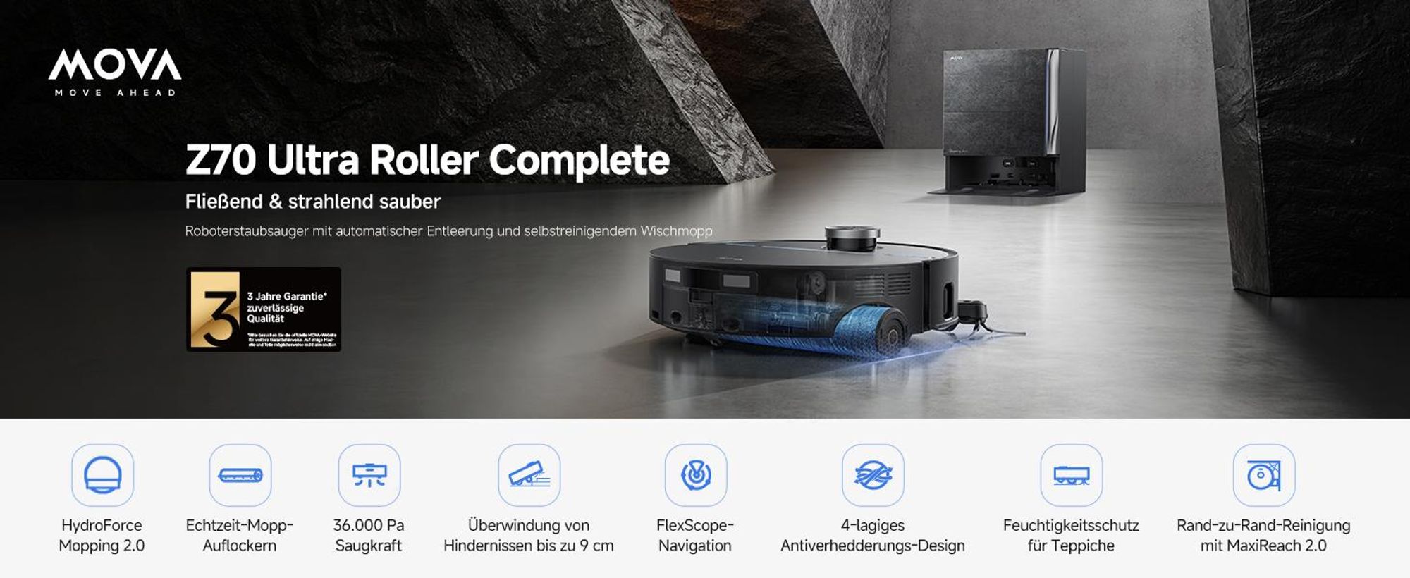 MOVA Z70 Ultra Roller Complete Saug- und Wischroboter mit automatischer Entleerung, selbstreinigendem Walzenmopp, 36.000 Pa