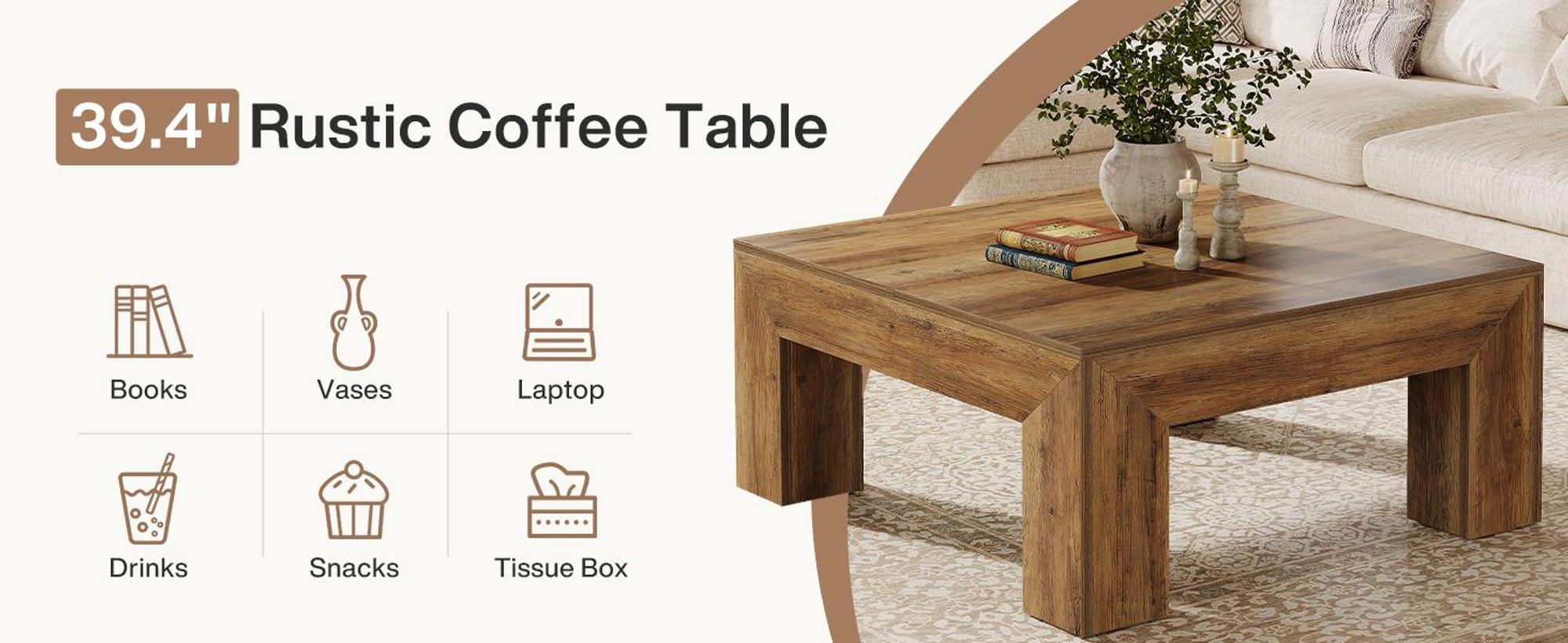 Tribesigns Quadratischer Couchtisch, 100*100 cm Bauernhaus Couchtisch aus MDF mit stabilen Holzbeinen, einfache Montage, rustikales Braun