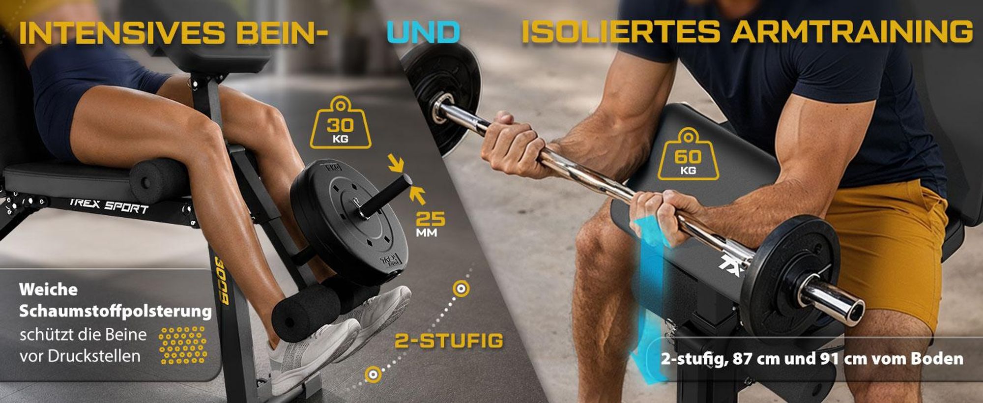 TREX SPORT Hantelbank mit Curlpult und Expander TX-300B | Trainingsbank 8-fach verstellbare Rückenlehne, Beinstrecker | Flachbank, Schrägbank stabil