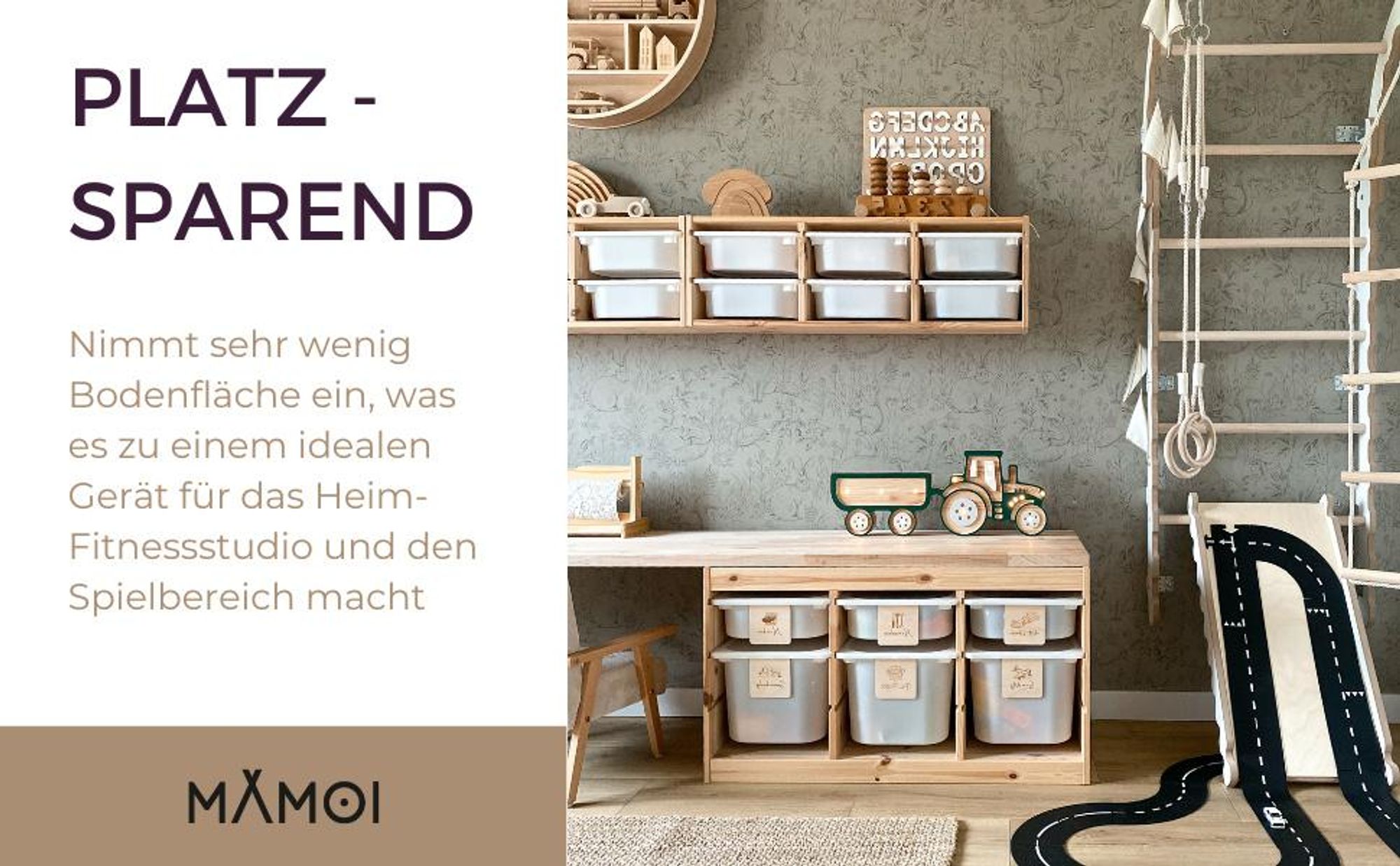 Gymnastik-Sprossenwand für Kinder (210 cm), Wandmontierte Trainingsleiter, Strickleiter für Kinder, Holz-Spielplatz für Zuhause, Turnringe
