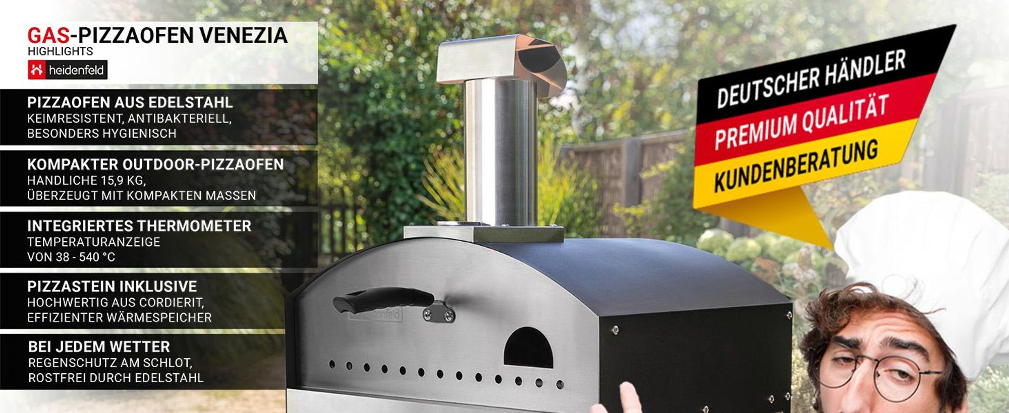 Heidenfeld Gas Pizzaofen Venezia | Pizzastein Cordierit - bis zu 500° C - Edelstahl - Pizza Maker - Outdoor Ofen - Thermometer - Steinofen - Silber