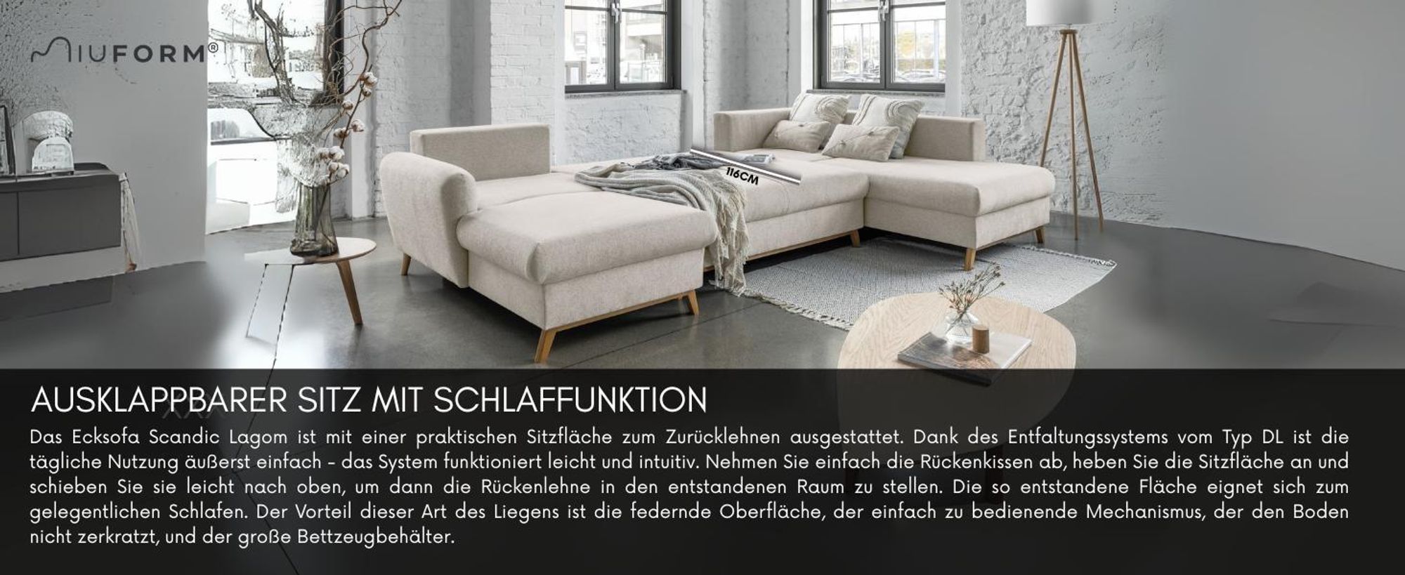MIUFORM Scandic Lagom - Ecksofa mit Bettfunktion und Bettkasten U-FORM LINKS - 312x202 cm - Beige - Sofa Schlafsofa Couch