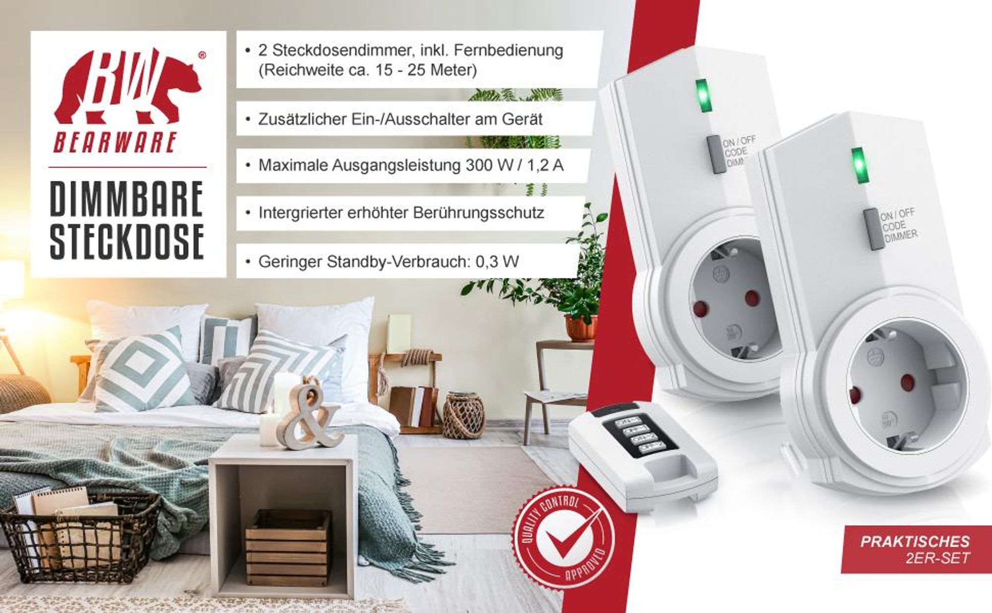 BEARWARE Dimmbare Funksteckdosen - Set mit Fernbedienung - 2er Set für den Innenbereich Indoor + 1 Fernbedienung - LED Statusanzeige - integrierter Berührungsschutz